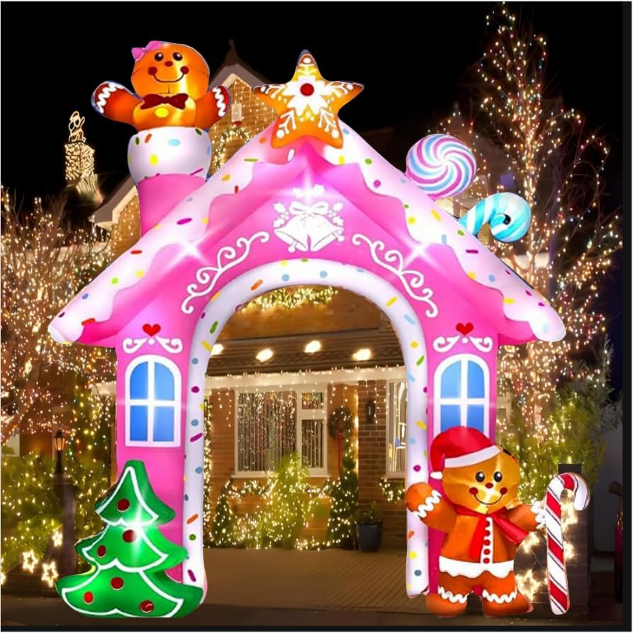 12 Foot Built-in LED Light, Large Pink Gingerbread Man Arch, Inflatable Outdoor Decoration, Santa Claus Home Decoration