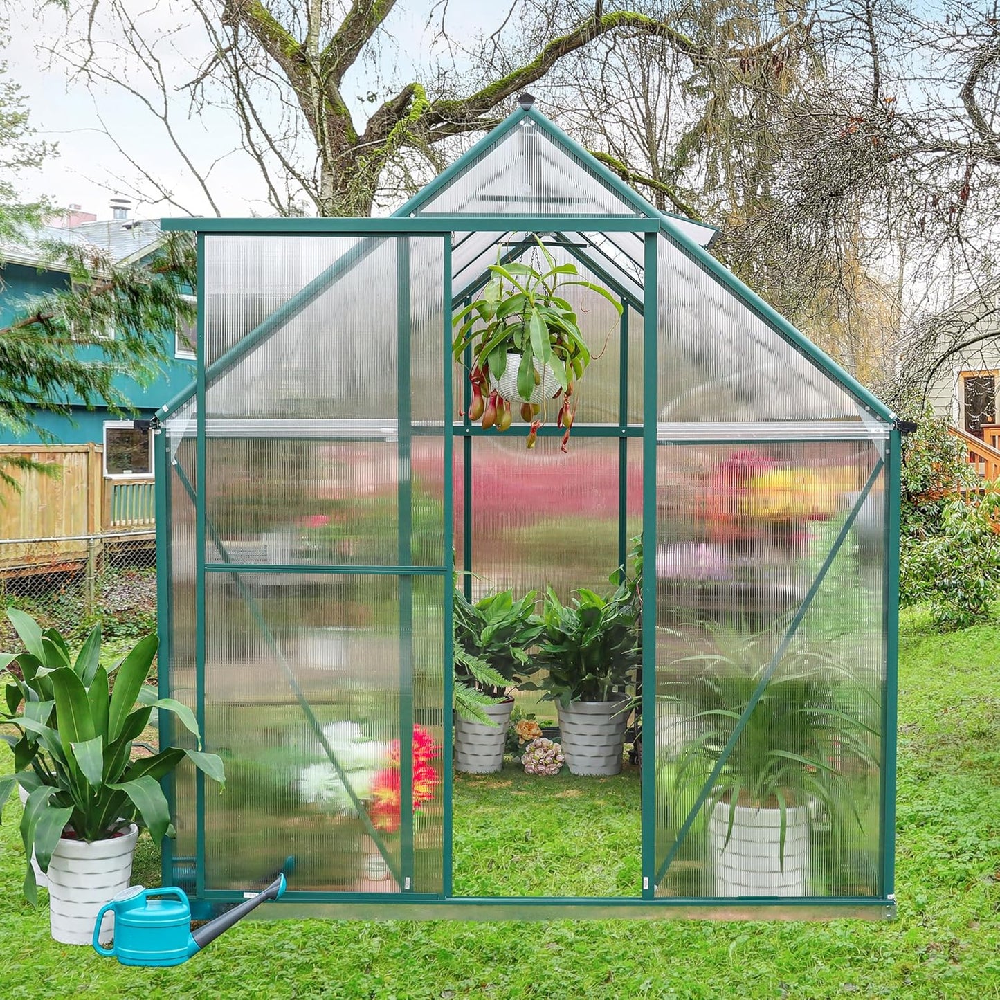 6'x10' Walk-in Greenhouse with 4mm 800G Polycarbonate Panels - Heavy-Duty Aluminum Frame, Wind/Snow Resistant for Gardening, Includes Sliding Door & Ventilation Windows (Green)