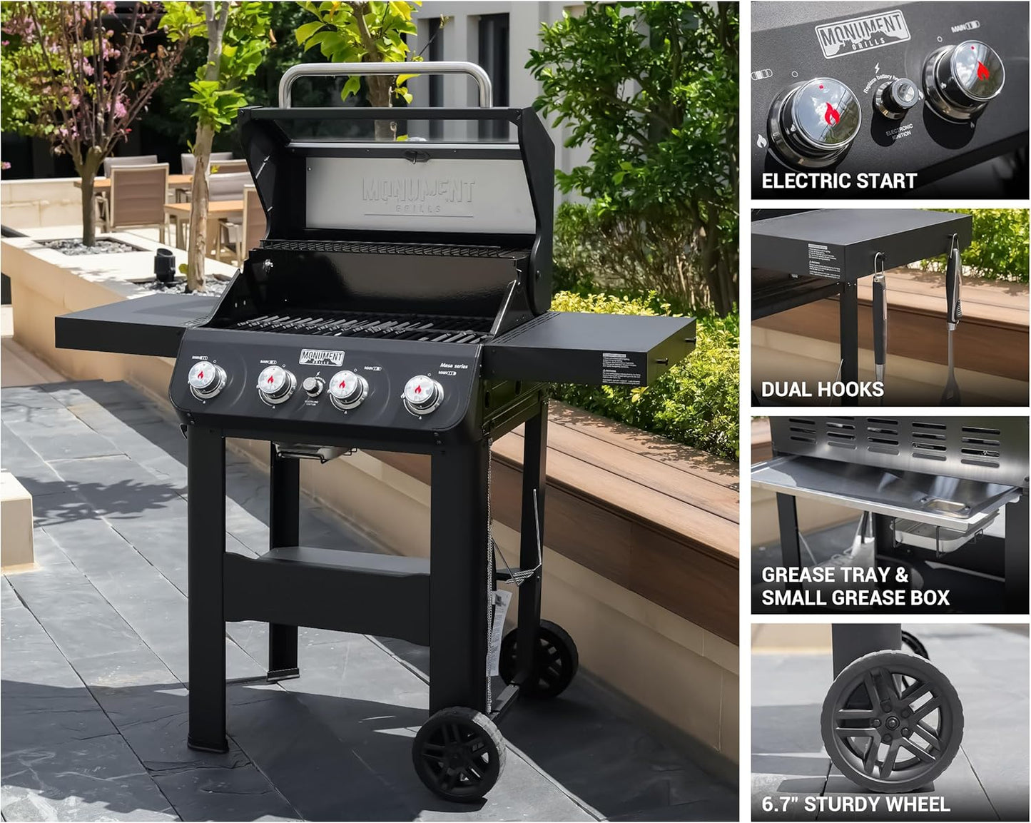 Grills 4-Burner Liquid Propane Gas Grill, Silver Stainless Steel Grill Outdoor Patio Garden Barbecue Grill with Clearview庐 Lid and One Foldable Shelf, Mesa400MF