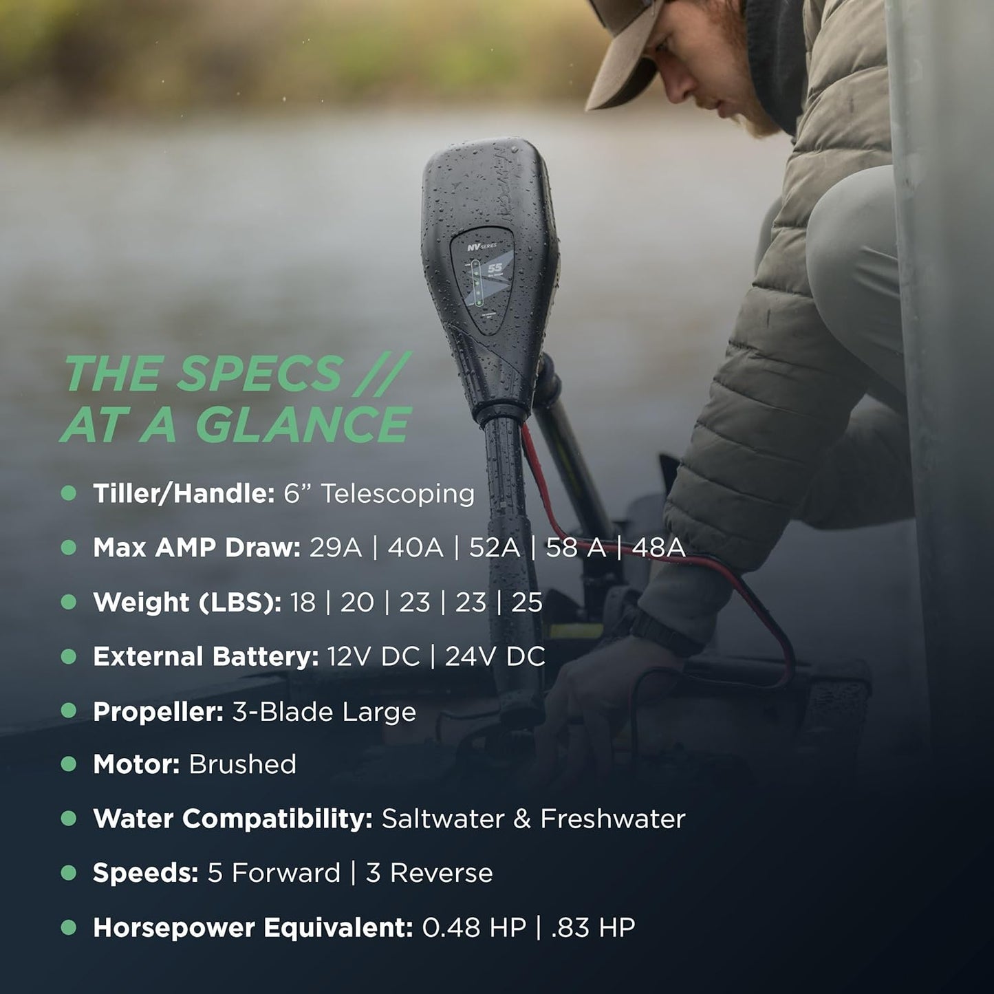 Push-type seawater rear-mounted installed electric trolling motor for fishing, equipped with LED battery indicator light