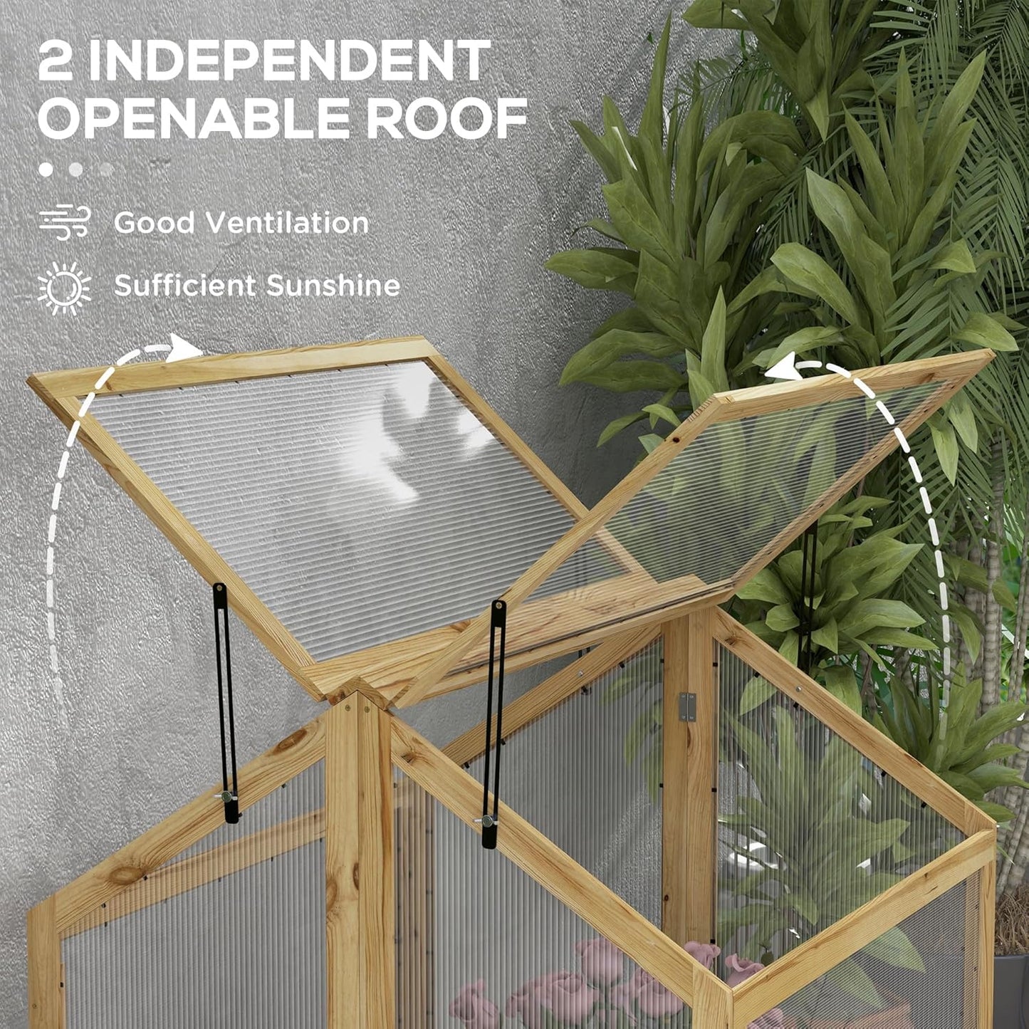 Raised Garden Bed with Polycarbonate Greenhouse, Wooden Cold Frame Greenhouse, Garden Flower Planter Protection, Peak Roof, 35.5" x 31.5" x 36", Natural