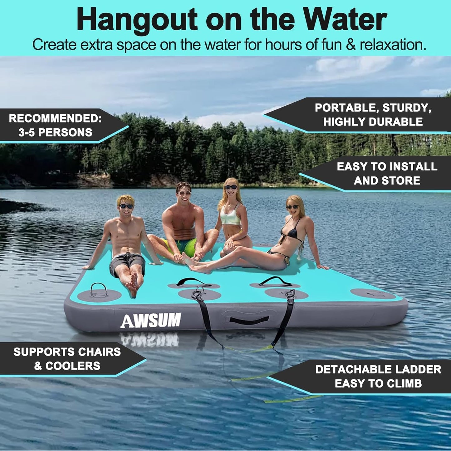 Inflatable Floating Dock Air Dock Platform Floating Island Raft with None-Slip Surface for Pool Beach Ocean