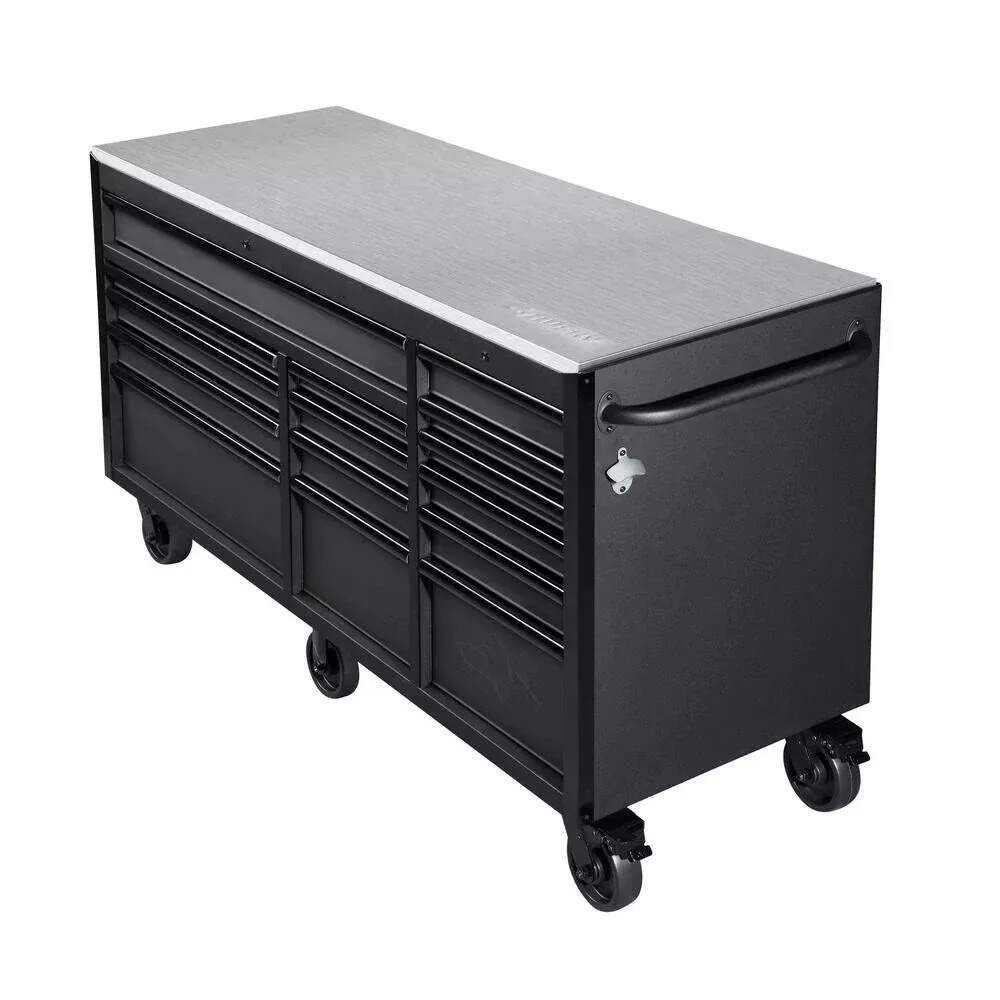 HEAVY-DUTY 72 IN. W 15-DRAWER, DEEP TOOL CHEST MOBILE WORKBENCH IN MATTE BLACK WITH STAINLESS STEEL TOP AND DUAL LOCKS