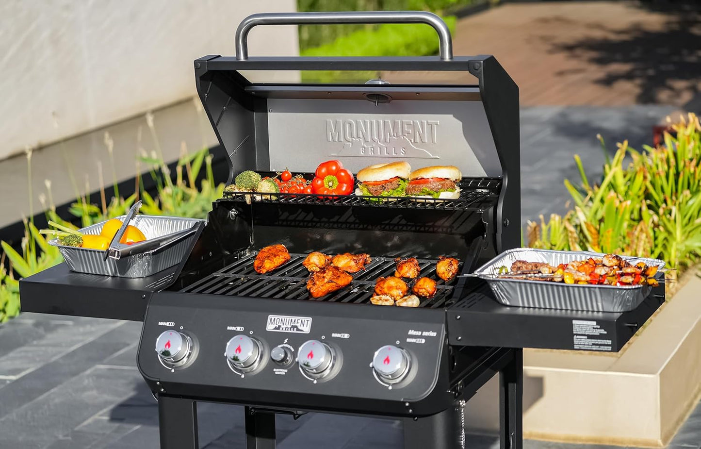 Grills 4-Burner Liquid Propane Gas Grill, Silver Stainless Steel Grill Outdoor Patio Garden Barbecue Grill with Clearview庐 Lid and One Foldable Shelf, Mesa400MF