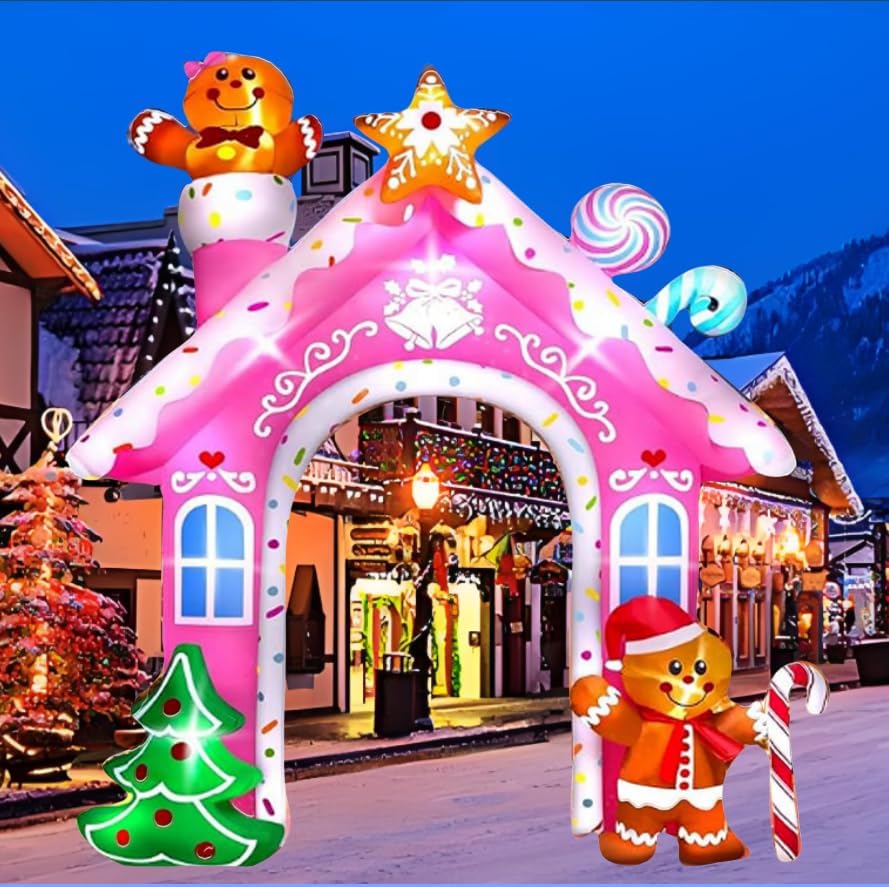 12 Foot Built-in LED Light, Large Pink Gingerbread Man Arch, Inflatable Outdoor Decoration, Santa Claus Home Decoration