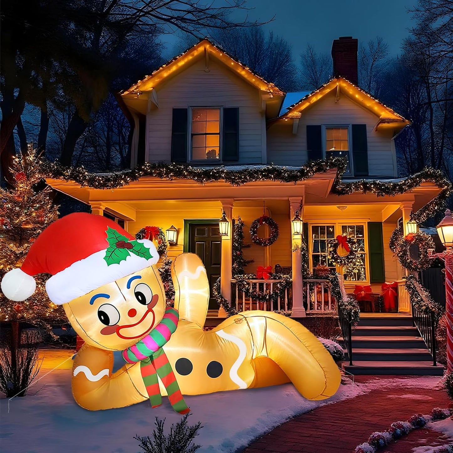 10-foot outdoor Christmas balloon decoration, gingerbread-shaped inflatable Christmas balloon decoration with light-emitting lamps, suitable for use in courtyards, gardens, and lawns as gingerbread-style Christmas decorations.