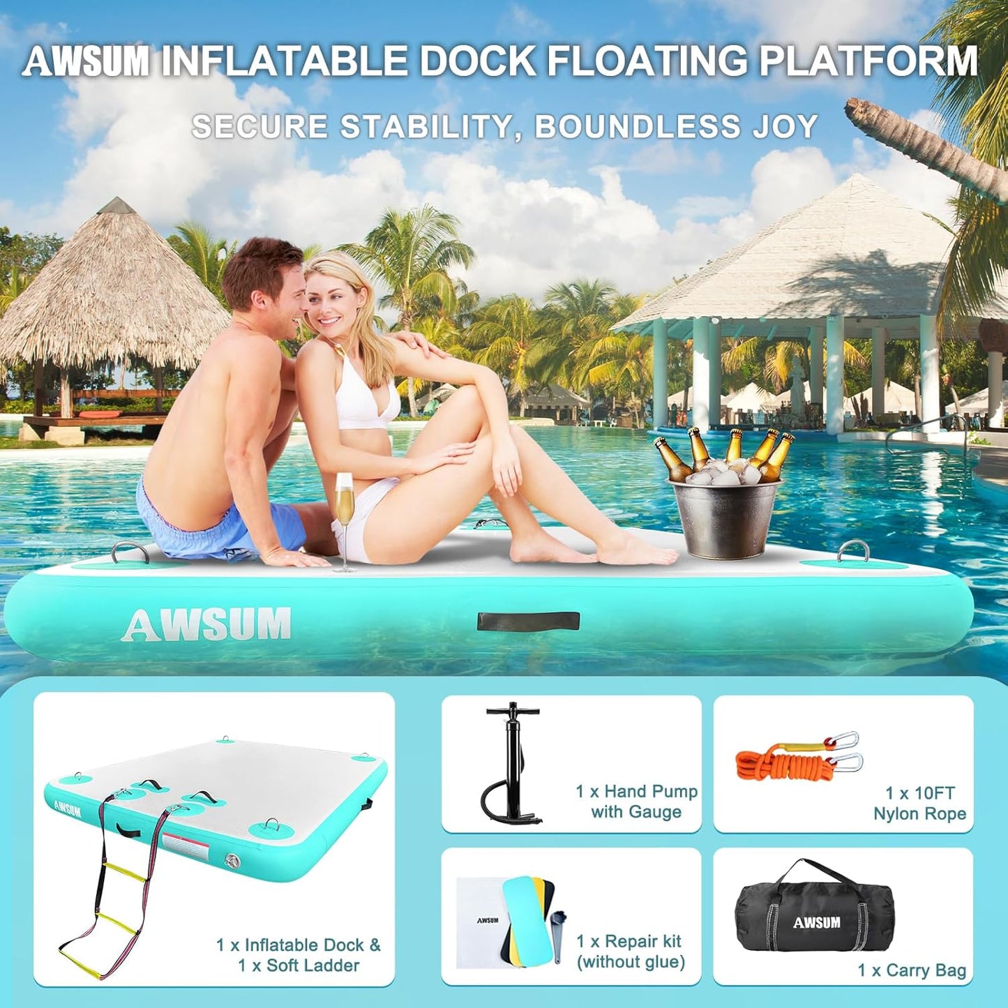 Inflatable Floating Dock Air Dock Platform Floating Island Raft with None-Slip Surface for Pool Beach Ocean