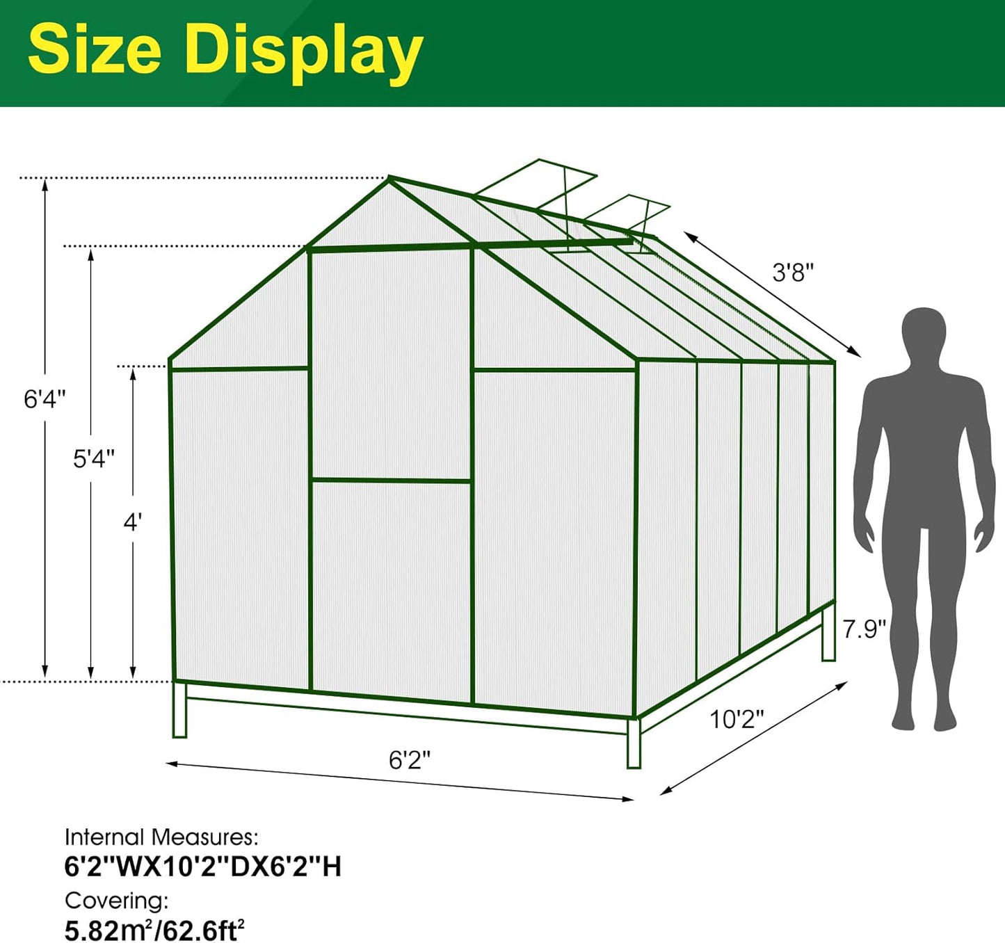 6'x10' Walk-in Greenhouse with 4mm 800G Polycarbonate Panels - Heavy-Duty Aluminum Frame, Wind/Snow Resistant for Gardening, Includes Sliding Door & Ventilation Windows (Green)
