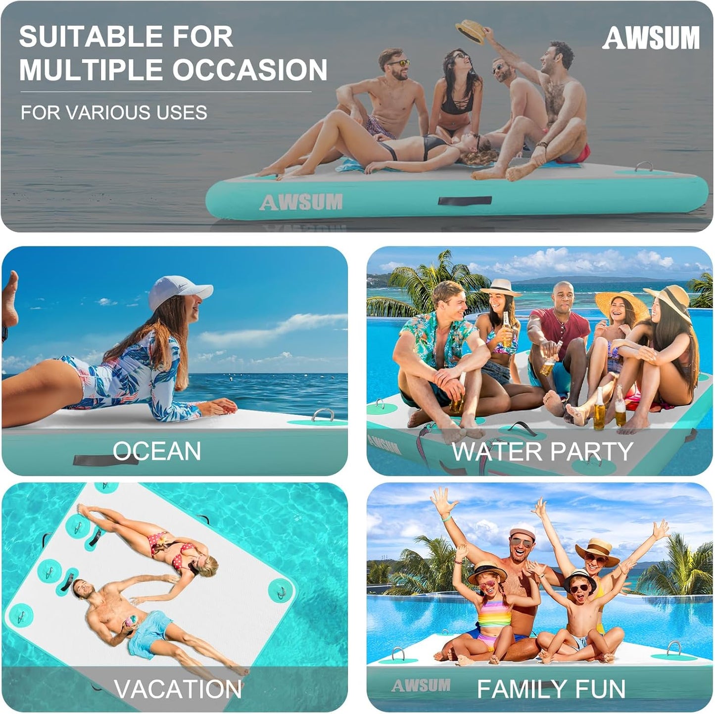 Inflatable Floating Dock Air Dock Platform Floating Island Raft with None-Slip Surface for Pool Beach Ocean