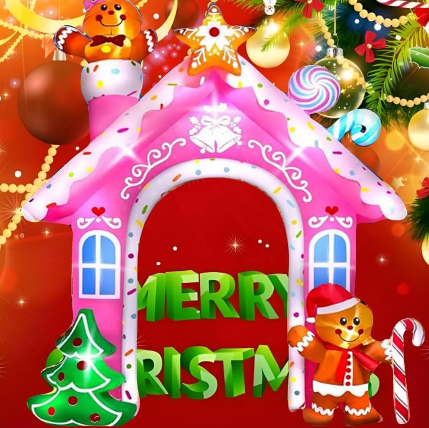 12 Foot Built-in LED Light, Large Pink Gingerbread Man Arch, Inflatable Outdoor Decoration, Santa Claus Home Decoration