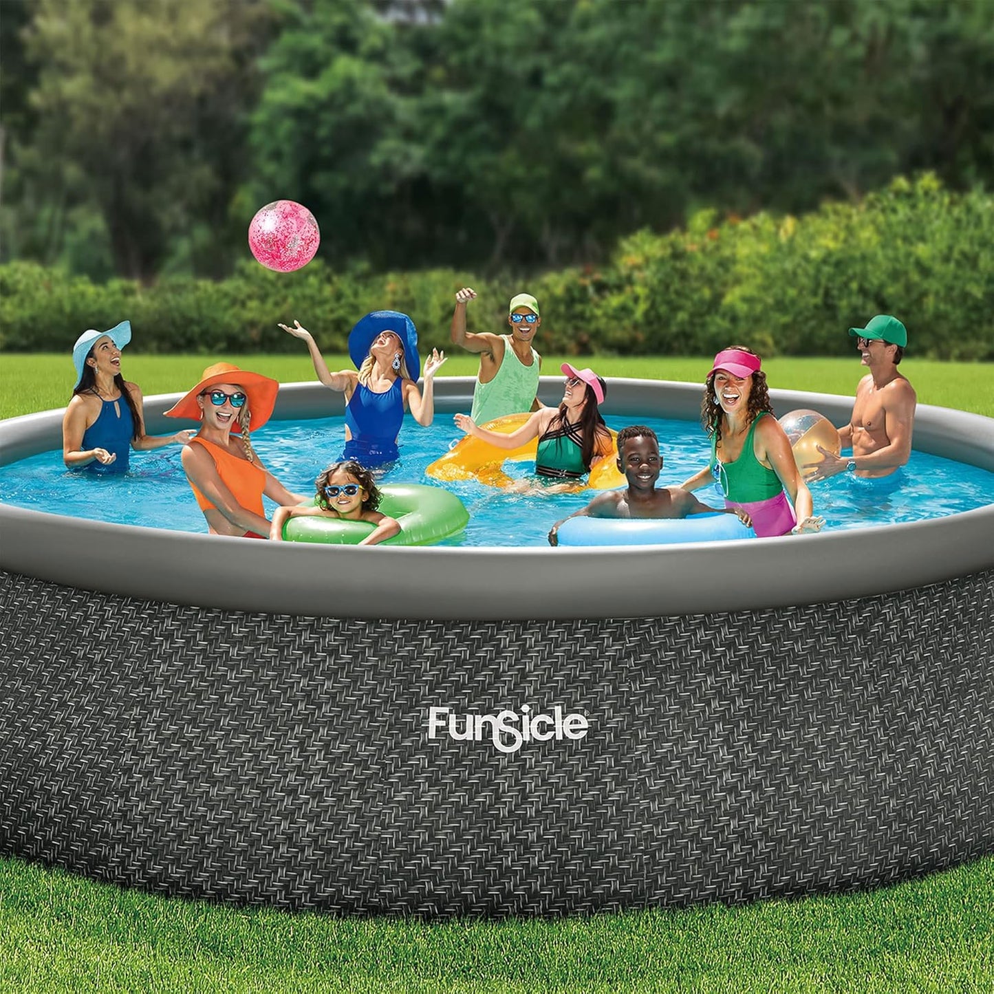 12 Foot by 36 Inch Quickset Round Inflatable Ring Top Outdoor Above Ground Swimming Pool Set with Pump and Cartridge Filter, Dark Herringbone