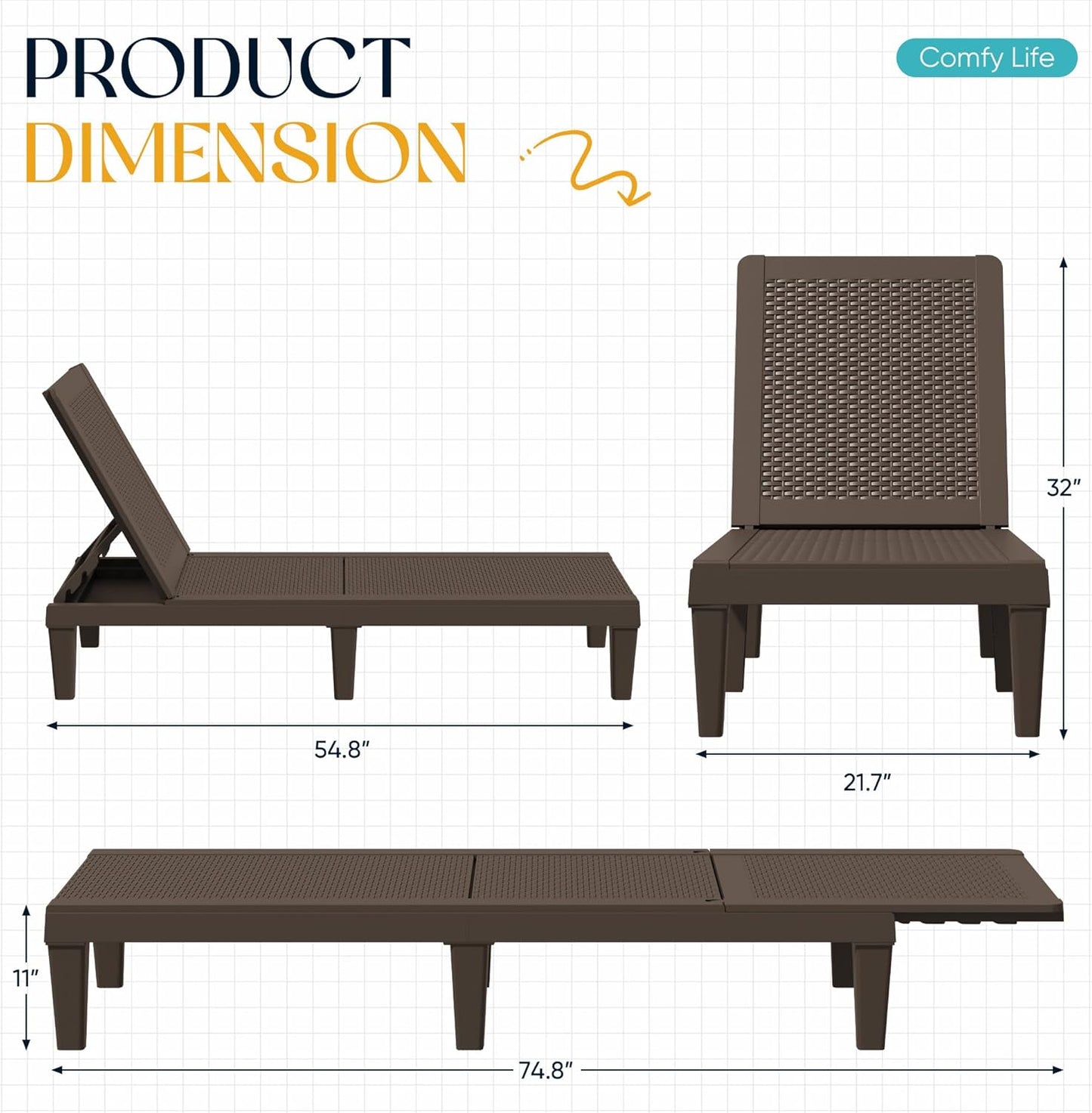 Outdoor Chaise Lounge Chair Set of 2 for Patio Poolside, Waterproof & Adjustable & Easy Assembly Sun Lounger for Outside Deck, Pool, Beach, Black