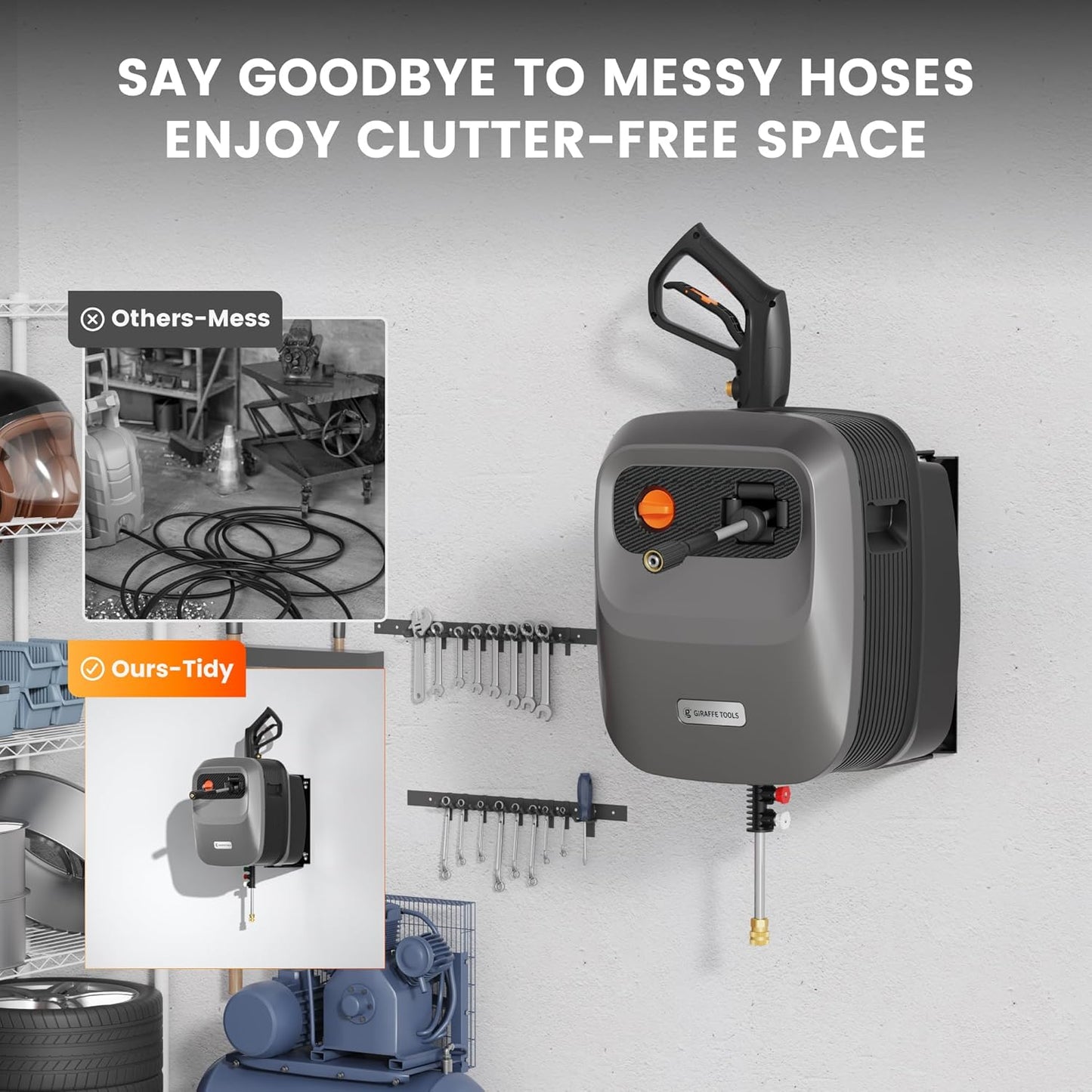 Pressure Washer G20 Pro, 2500 PSI 2.2 GPM, 180掳 Wall Mounted Power Washer, Auto-retract with 65FT Hose Reel, 5 Nozzles for Floor/Cars/Fences/Patios, Dark Silver