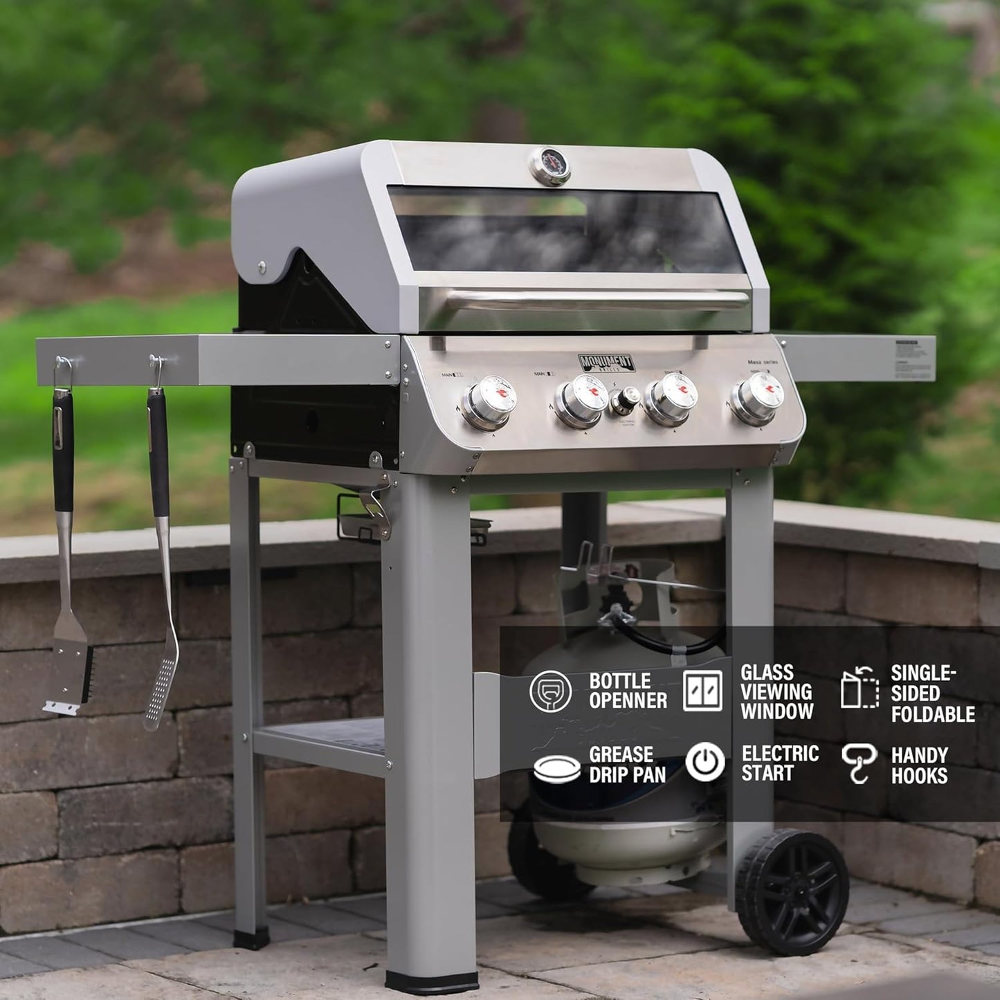 Grills 4-Burner Liquid Propane Gas Grill, Silver Stainless Steel Grill Outdoor Patio Garden Barbecue Grill with Clearview庐 Lid and One Foldable Shelf, Mesa400MF