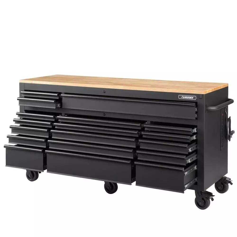 Husky 72 in. 18-Drawer Mobile Workbench with Adjustable-Height Solid Wood Top, Matte Black