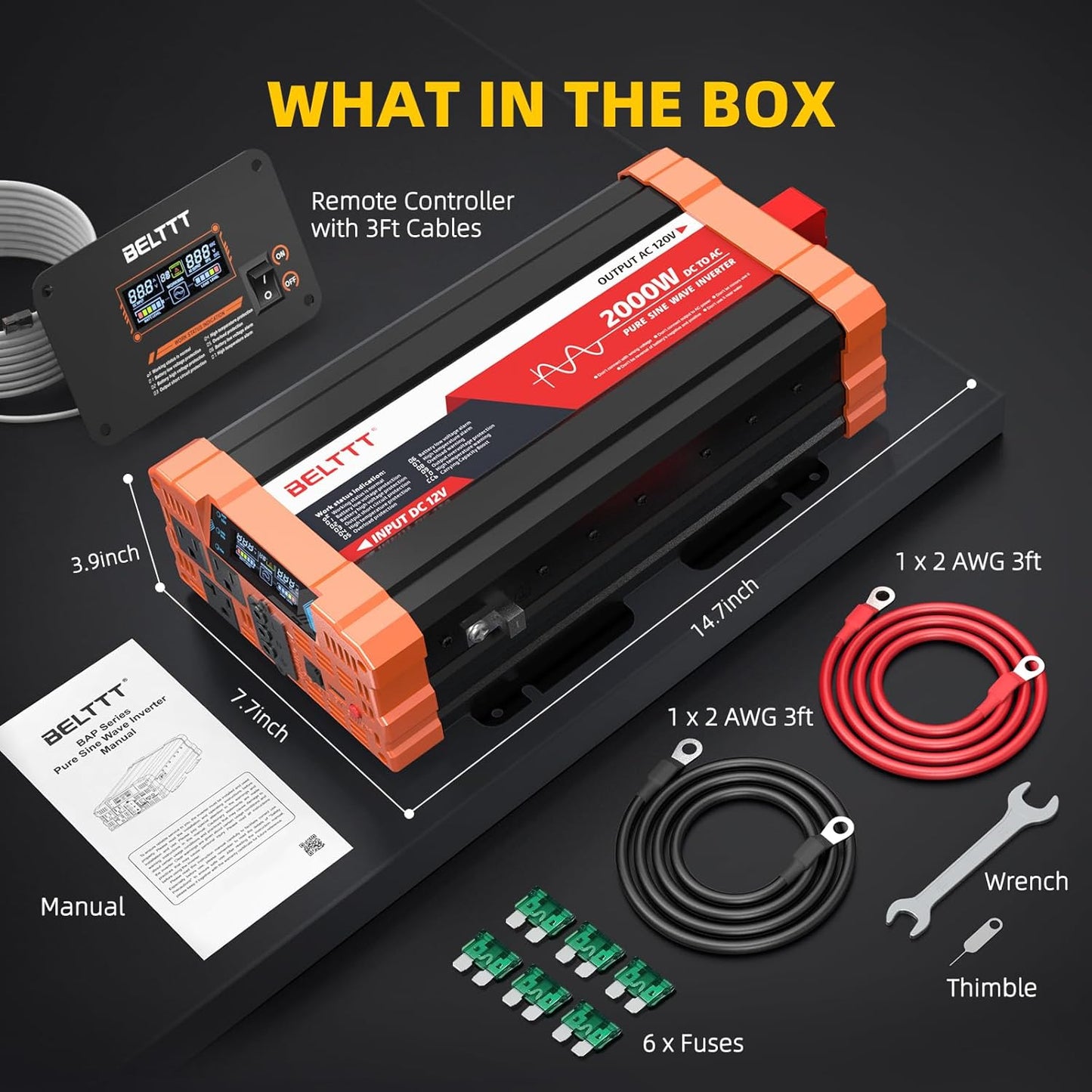 2000W Pure Sine Wave Inverter, Car Power Inverter 12V to 120V AC Converter for RV, Truck, Solar, Outdoor with Dual AC and 20A Socket, 5V 2.1A USB, Surge 4000W, Hardwire Port, Remote Controller