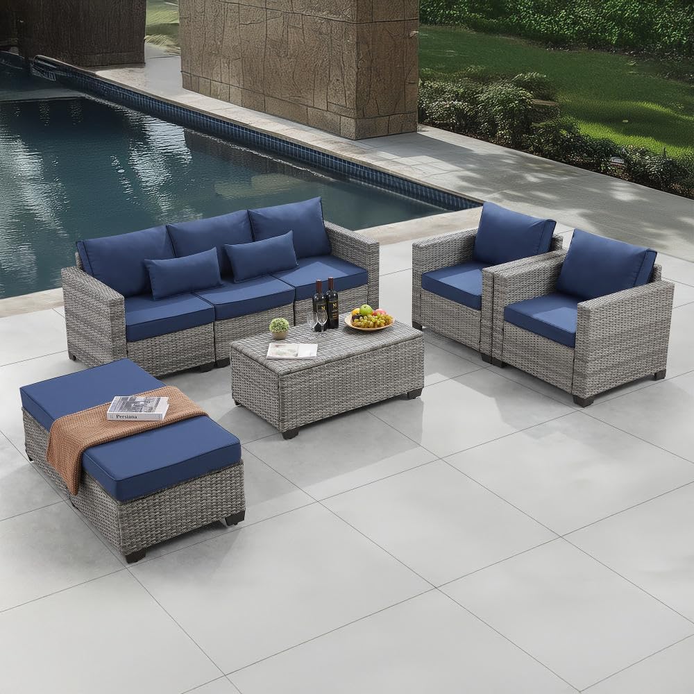 6 Pieces Outdoor Patio Furniture Sets with Furniture Cover, PE Rattan Wicker Patio Conversation Set with Tea Table (Peacock Blue, Rattan Storage Table)