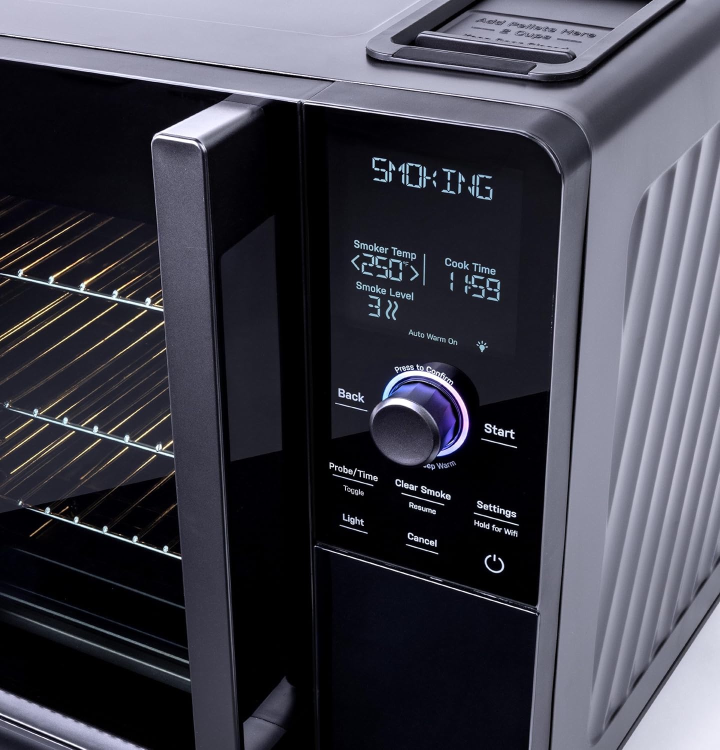 Smart Indoor Pellet Smoker, with Active Smoke Filtration, 5 Smoke Control Settings, WiFi Connected, Electric, Countertop BBQ Appliance, Black