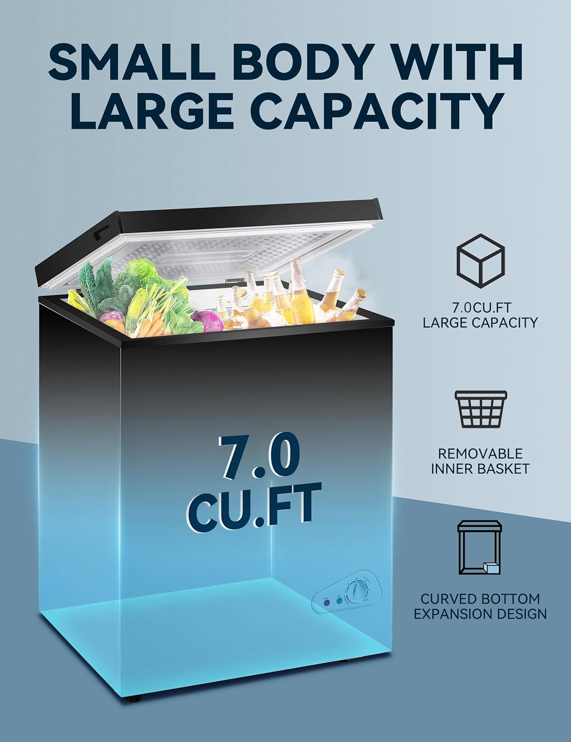 7.0 Cu Ft Chest Freezer - Energy Efficient & Quiet Mini Freezer with Adjustable Thermostat - Compact Deep Freezer for Home, Apartment, and Garage - Removable Basket & Defrost Drain