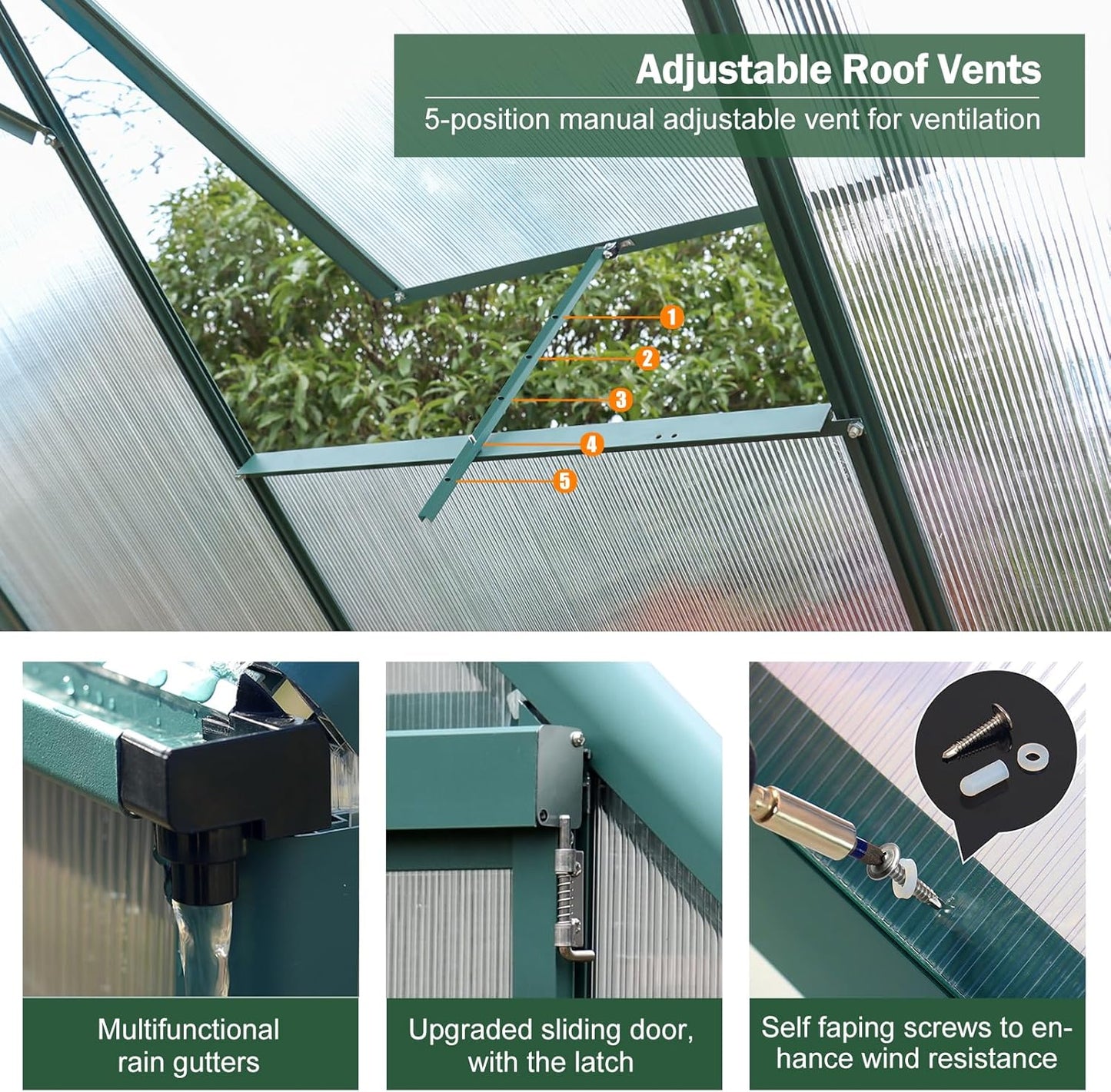 6'x10' Walk-in Greenhouse with 4mm 800G Polycarbonate Panels - Heavy-Duty Aluminum Frame, Wind/Snow Resistant for Gardening, Includes Sliding Door & Ventilation Windows (Green)