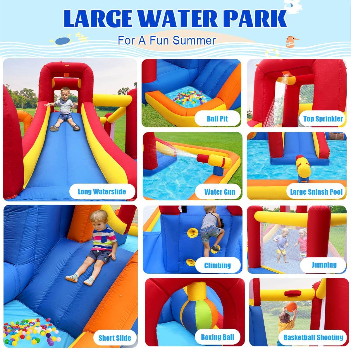 Inflatable Water Slide, 10 in 1 Water Park Bounce House with Blower, Splash Pool, 2 Slides, Water Cannon, Climbing Wall, Blow up Water Slides for Kids Outdoor Backyard