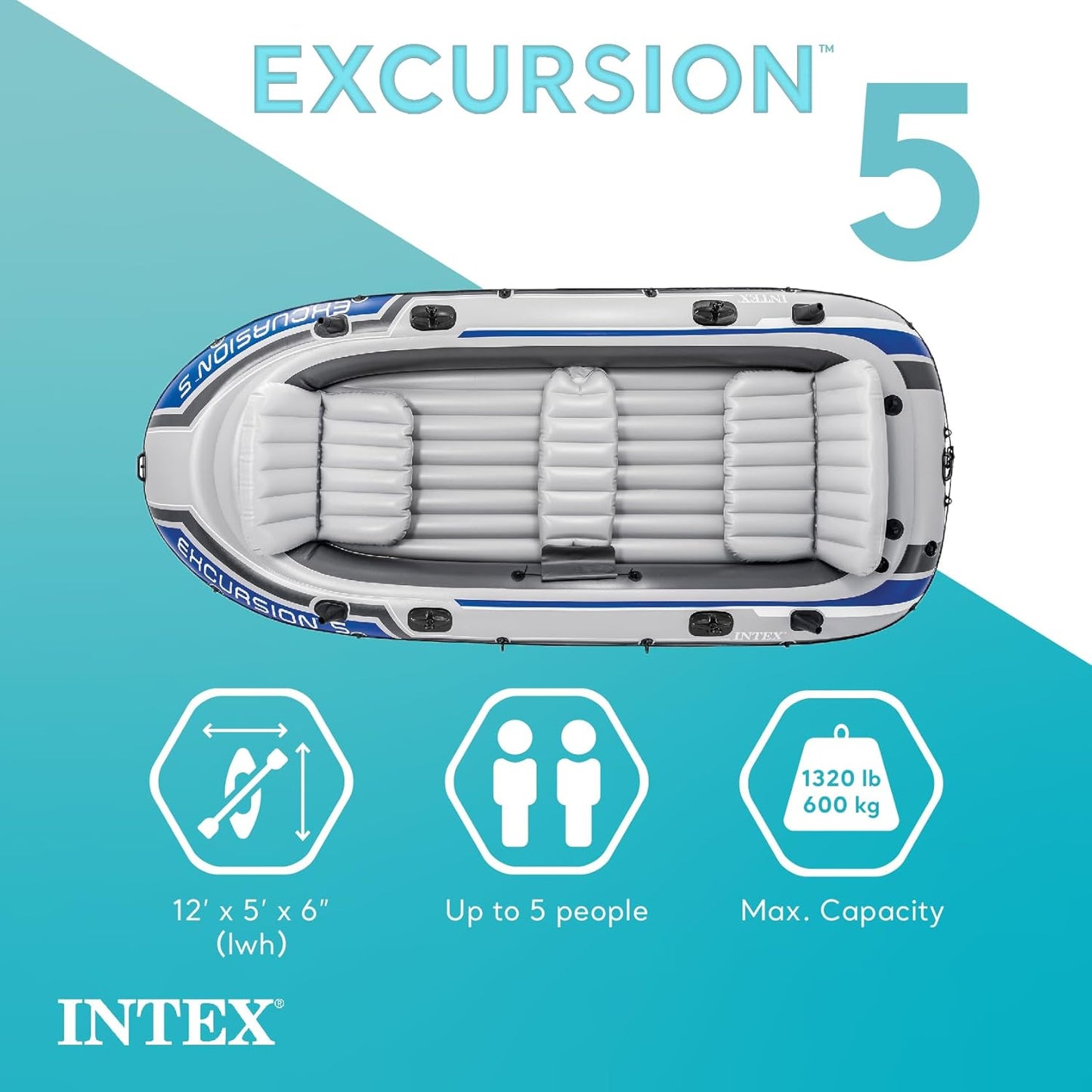 Excursion Inflatable Boat Series: Includes Deluxe 54in Boat Oars and High-Output Pump �� SuperTough PVC �� Adjustable Seats with Backrest �� Fishing Rod Holders �� Welded Oar Locks