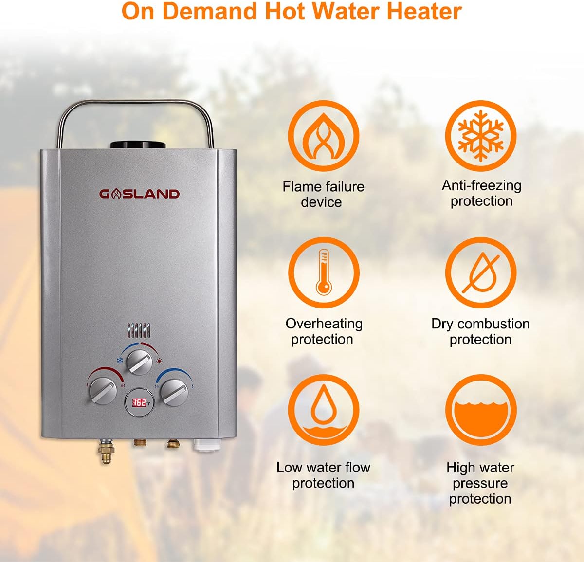 Portable Tankless Water Heater, Outdoors 6L 1.58GPM Propane Water Heater for RV Camping, Overheating Protection