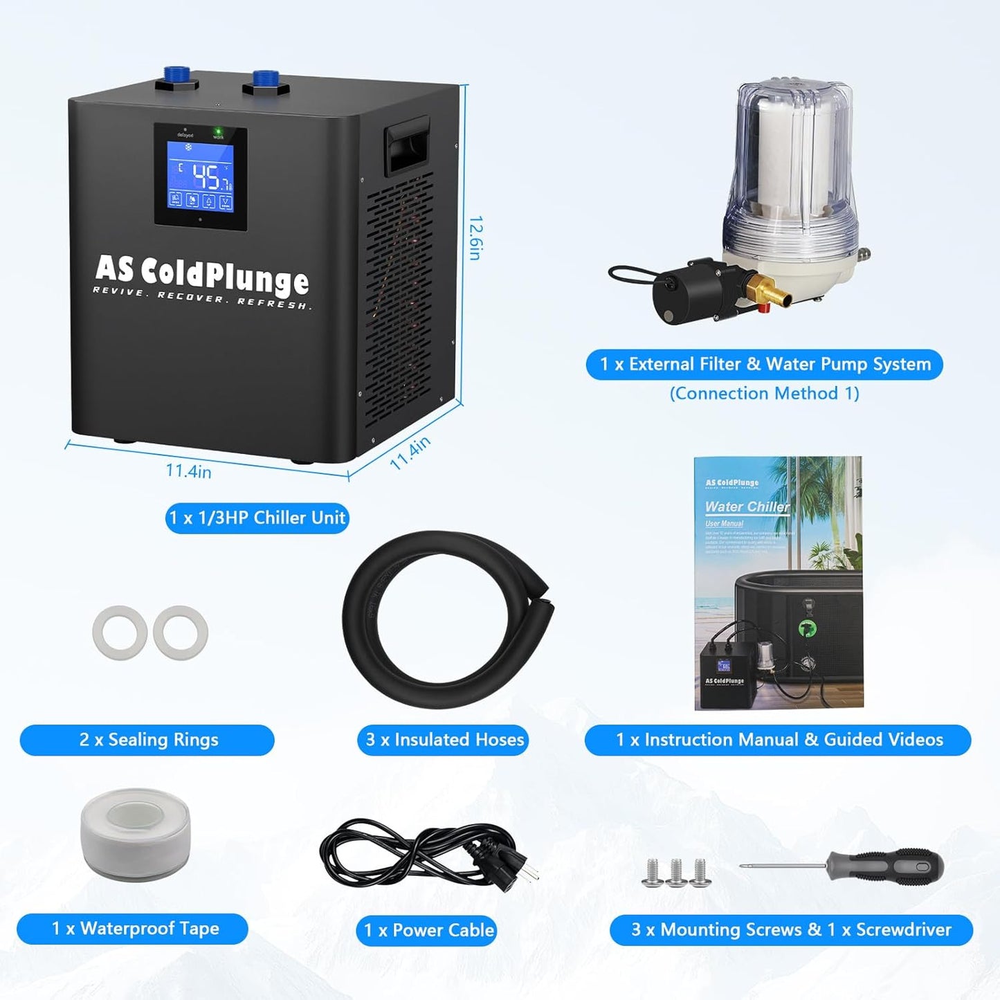 Ice Bath Water Chiller for Cold Plunge Tubs, 1/3 HP Upgraded Ice Bath Chiller with External Filter Water Pump, Ideal for Cold Plunge Recovery Ice Bath Tubs Home Use 110V Cooling Chiller