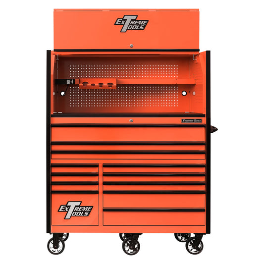 EXTREME TOOLS RX SERIES 55" 12-DRAWER ROLLER WITH HUTCH - ORANGE W/BLACK DRAWER PULLS