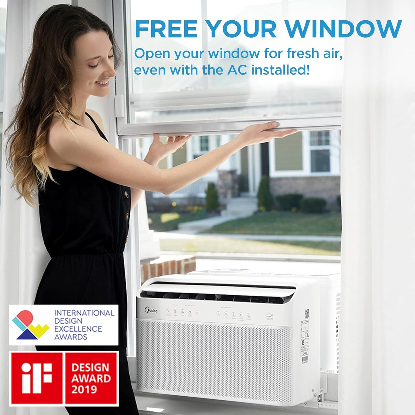 8,000 BTU U Shaped Smart Inverter Window Air Conditioner, Cools up to 350 Sq. Ft., Ultra Quiet with Open Window Flexibility, Works with Alexa/Google Assistant, 35% Energy Savings, Remote Control