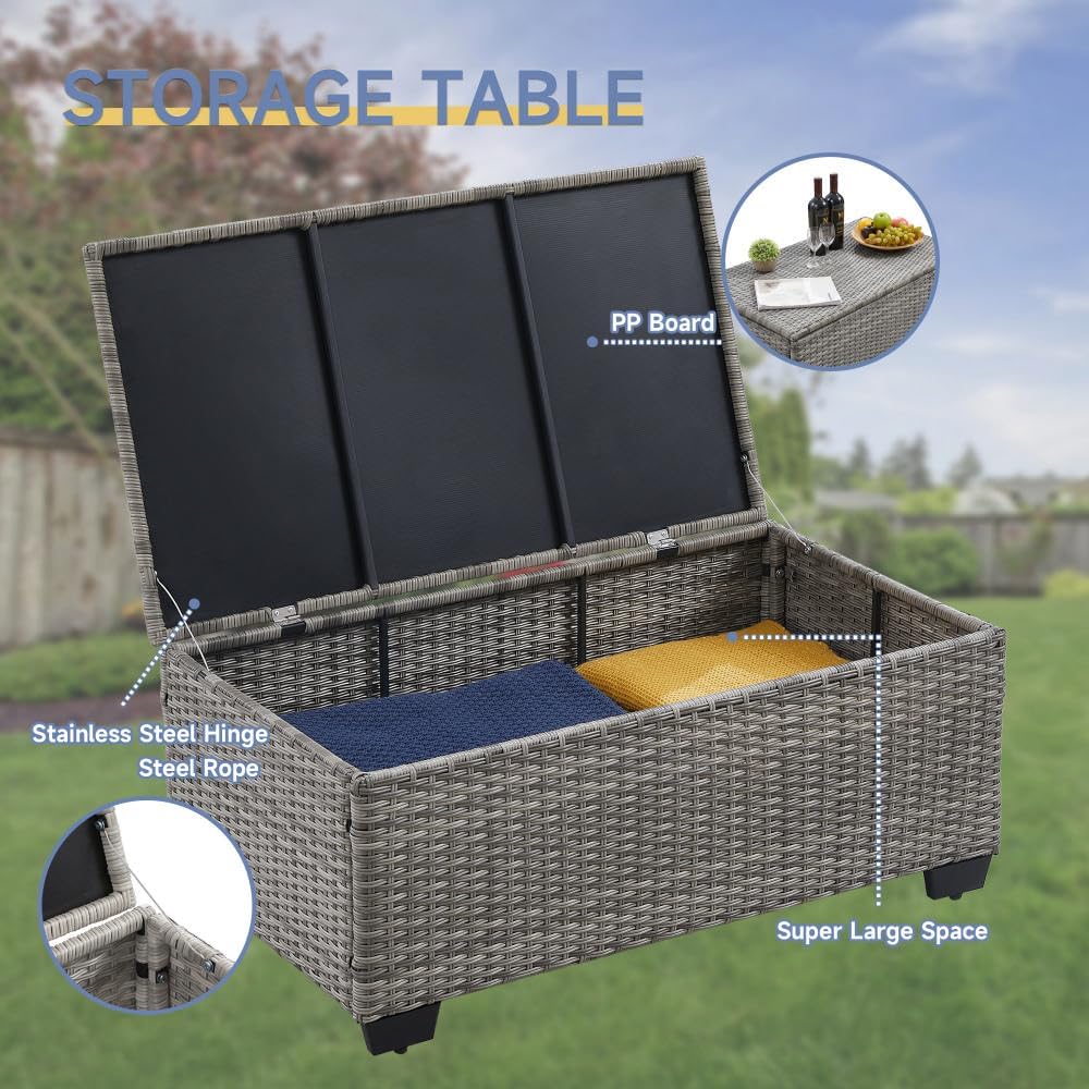 6 Pieces Outdoor Patio Furniture Sets with Furniture Cover, PE Rattan Wicker Patio Conversation Set with Tea Table (Peacock Blue, Rattan Storage Table)