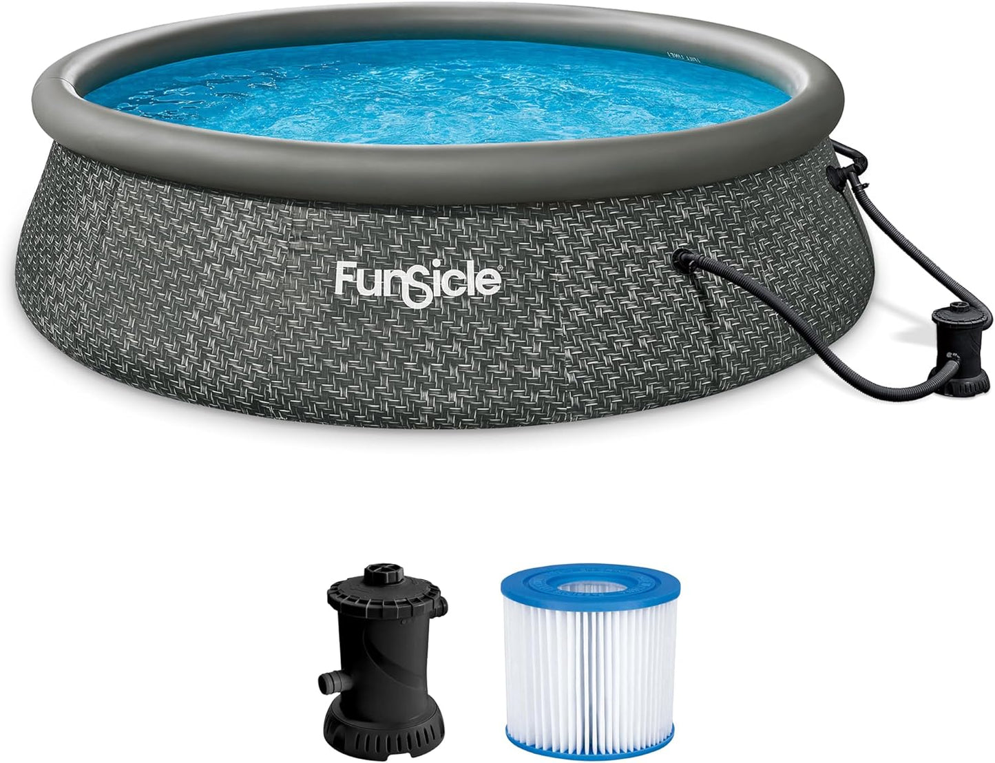 12 Foot by 36 Inch Quickset Round Inflatable Ring Top Outdoor Above Ground Swimming Pool Set with Pump and Cartridge Filter, Dark Herringbone