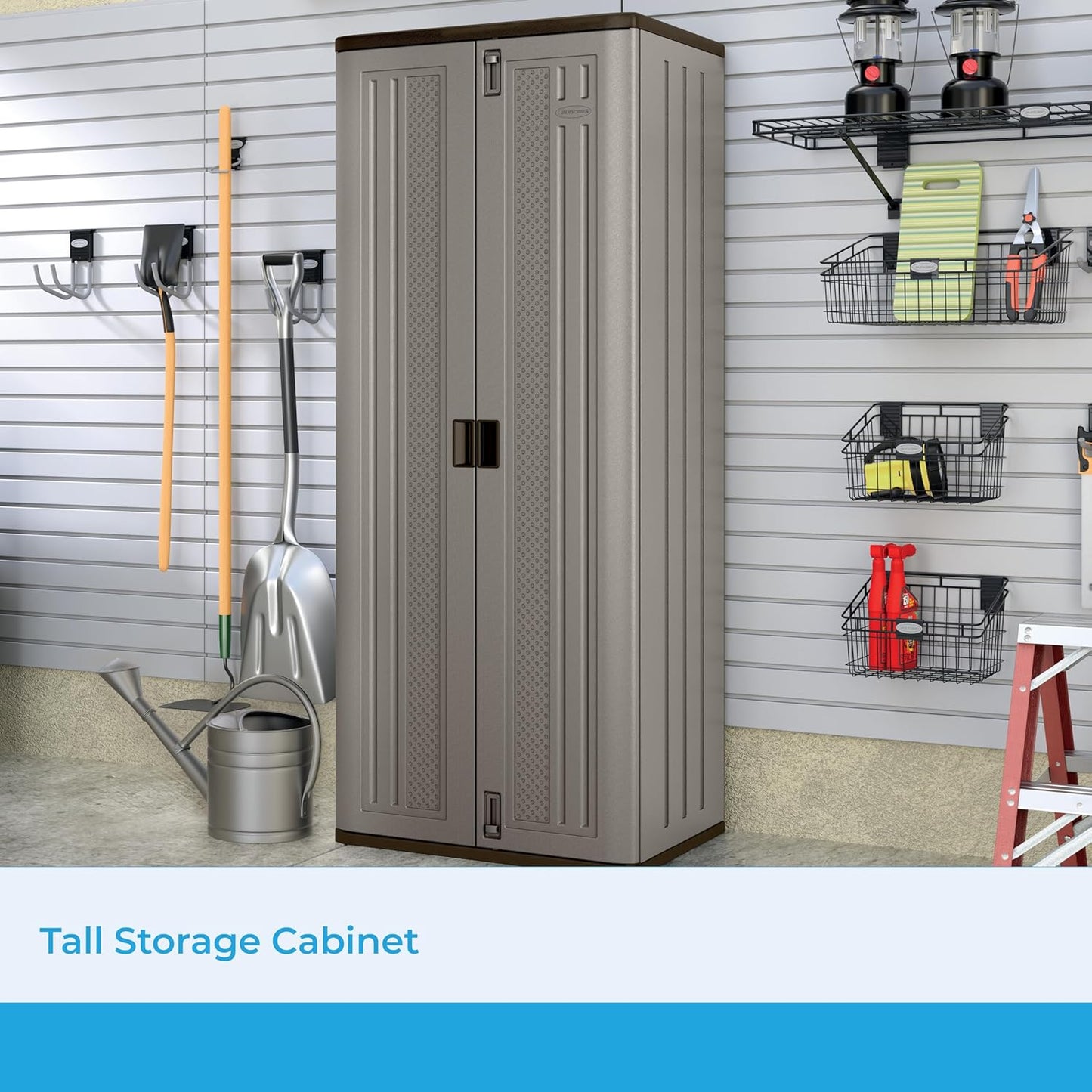 72-Inch Platinum Resin Storage Cabinet with Durable Double-Wall Construction, and Metal-Reinforced Shelves for Basement, Utility Room and Garage Storage, Platinum, Made in the USA