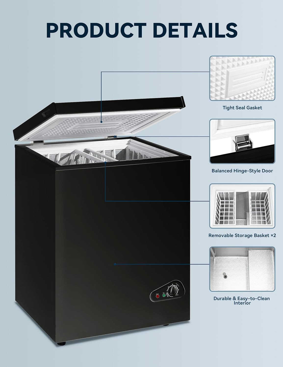 7.0 Cu Ft Chest Freezer - Energy Efficient & Quiet Mini Freezer with Adjustable Thermostat - Compact Deep Freezer for Home, Apartment, and Garage - Removable Basket & Defrost Drain