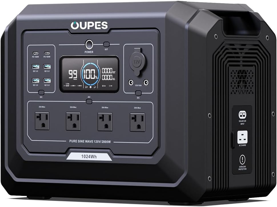 1 Portable Power Station 2000W (4500W Peak), 1024Wh LiFePO4 Battery Generator with 1400W AC Charging & 800W Solar Charging, Expandable to 5120Wh, for Home, Power Outages, Camping & RVs