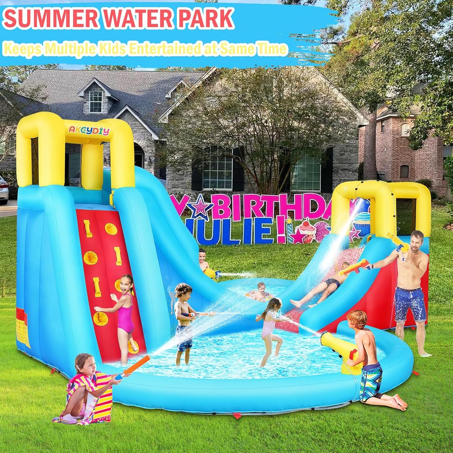 Inflatable Water Slide, 6 in 1 Outdoor Inflatable Water Park with Climbing, Basketball Rim, Splash Pool, Water Cannon, Blow up Water Slides for Kids Backyard