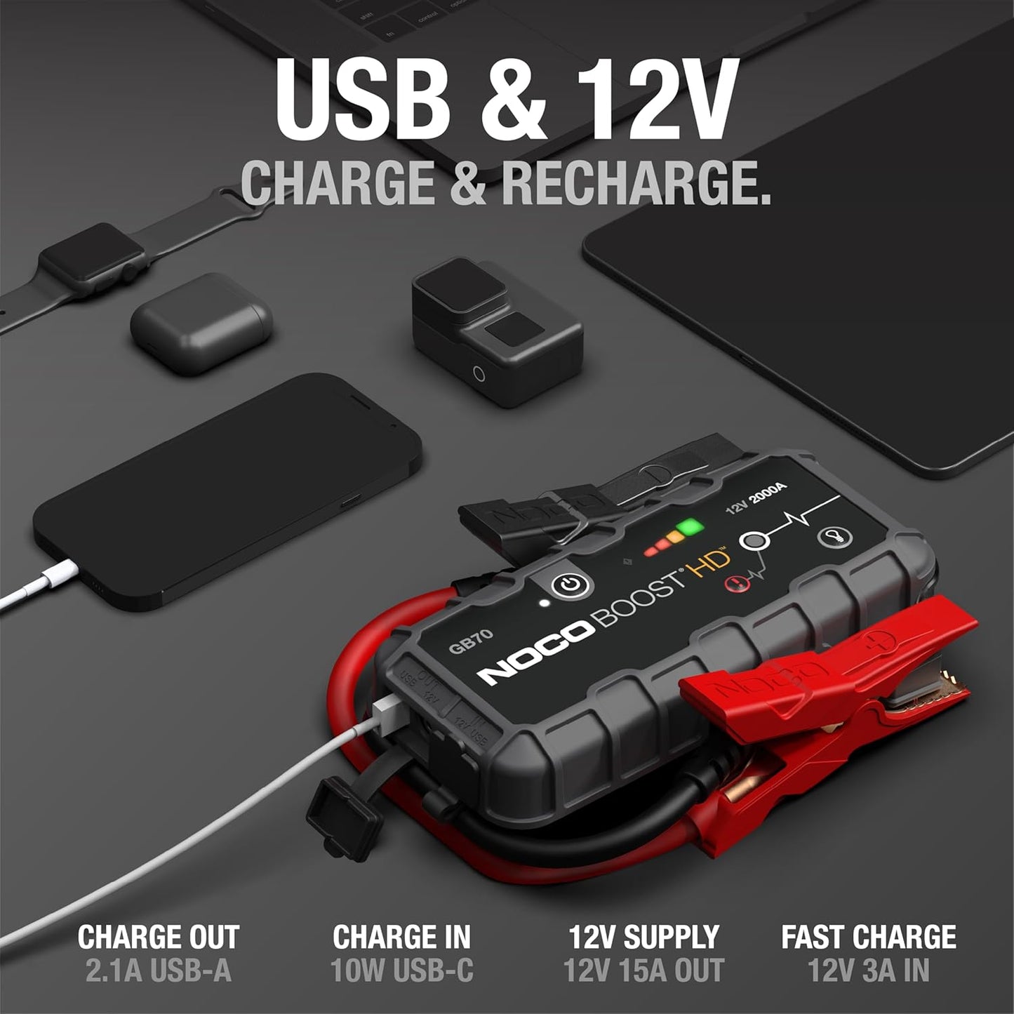 HD GB70 2000A UltraSafe Car Battery Jump Starter, 12V Battery Booster Pack, Jump Box, Portable Charger and Jumper Cables for 8.0L Gasoline and 6.0L Diesel Engines