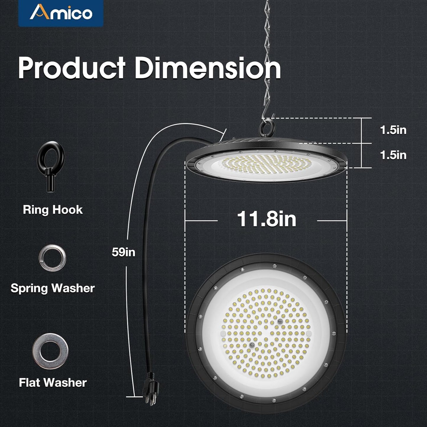 200-watt, 10 sets of UFO lamps, LED ceiling lights, 28,000 lumens, 5000K LED ceiling lights, 5-foot cable, can replace 650-watt metal halide/hot mercury lamps, suitable for gyms, factories, barns and warehouses.