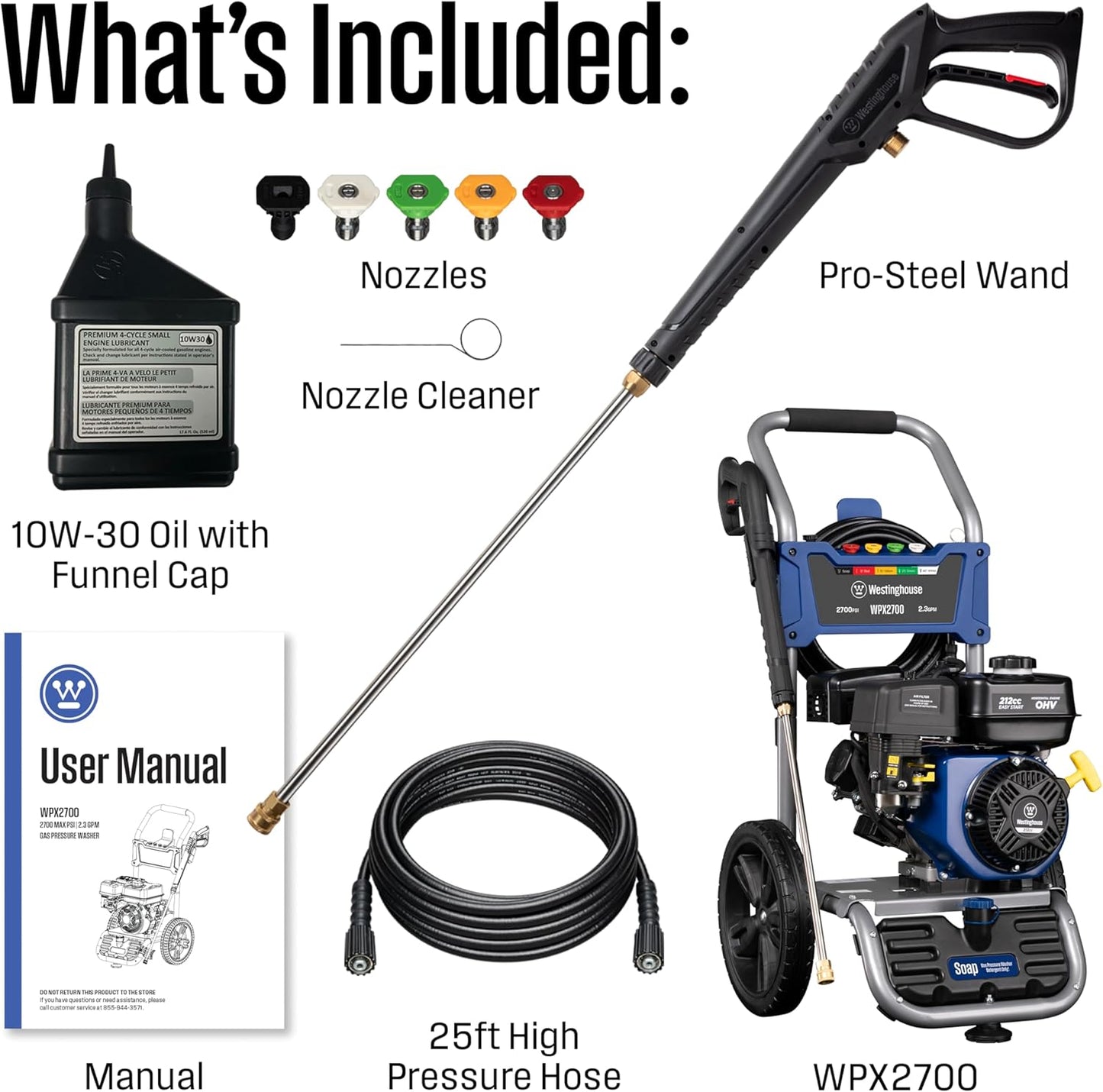 WPX3400 Gas Pressure Washer, 3400 PSI and 2.6 Max GPM, Onboard Soap Tank, Spray Gun and Wand, 5 Nozzle Set, for Cars/Fences/Driveways/Homes/Patios/Furniture