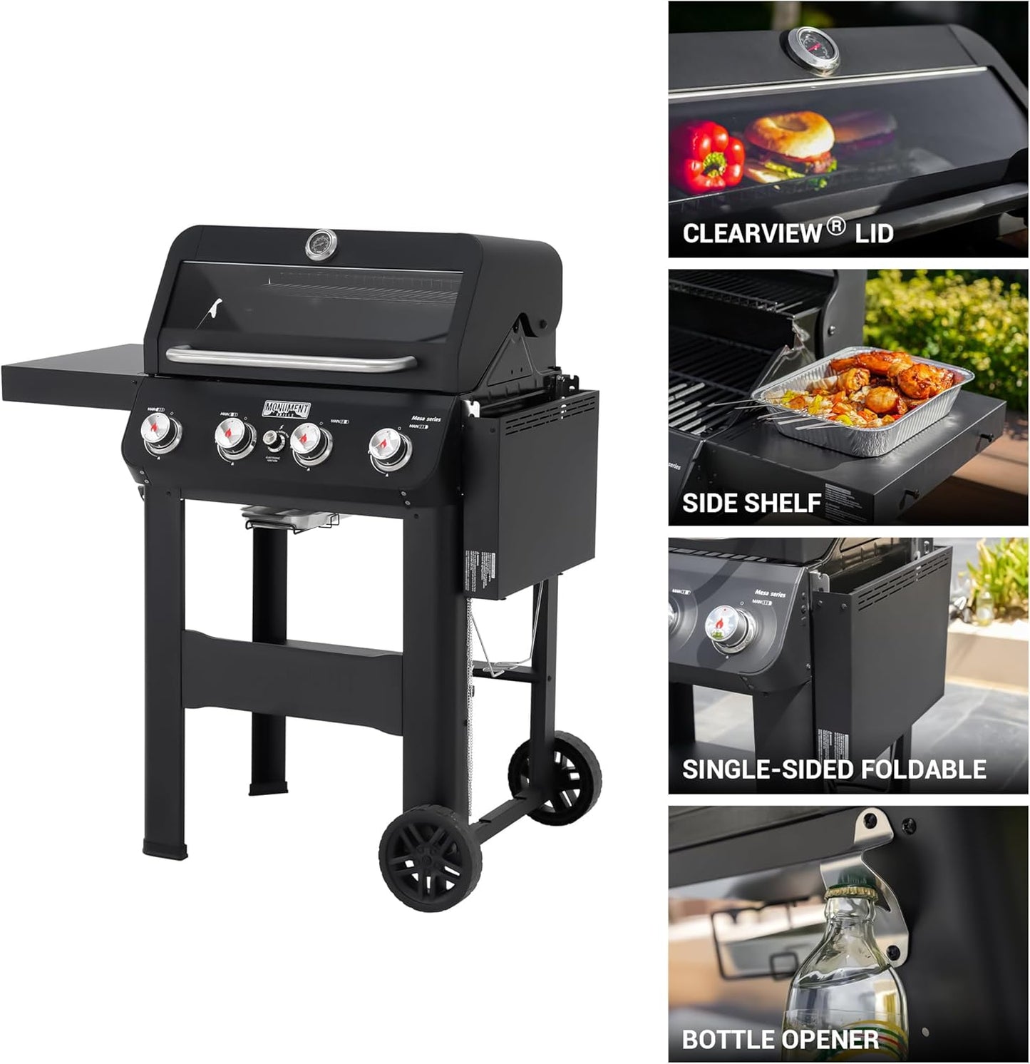 Grills 4-Burner Liquid Propane Gas Grill, Silver Stainless Steel Grill Outdoor Patio Garden Barbecue Grill with Clearview庐 Lid and One Foldable Shelf, Mesa400MF