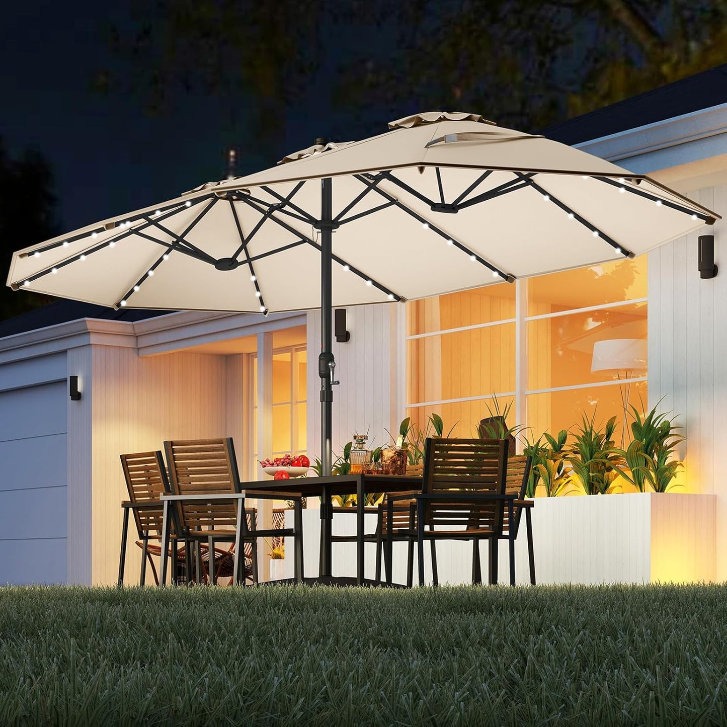 15-foot double-sided courtyard sunshade umbrella, equipped with solar lights, large-sized canopy / with 48 built-in LED lights and an automatic charging solar panel, outdoor double-person market sunshade umbrella, with heavy-duty base support支架