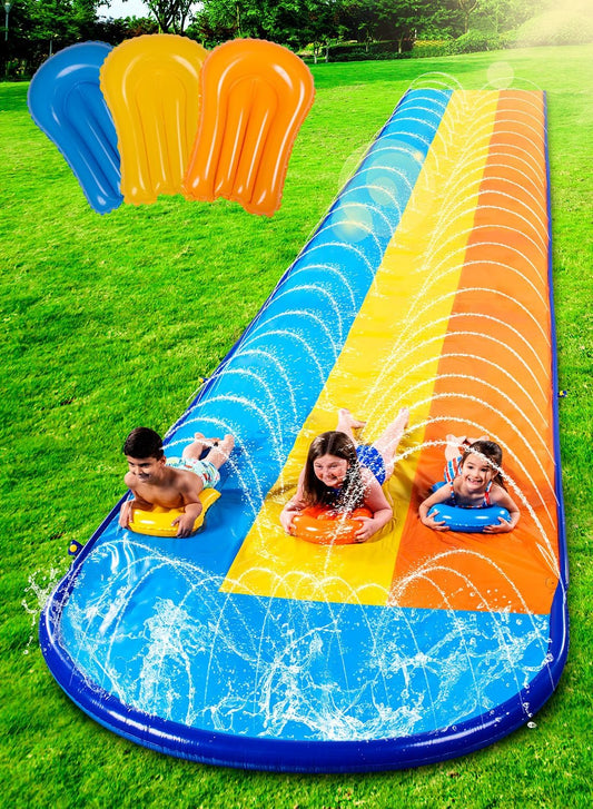 Sloosh Triple Water Slide with 3 BodyBoards, 22.5FT Lawn Water Splash Slip and Slide Summer Toy Splash Pad with Build in Advanced Sprinkler for Kids Adults Backyard Summer Water Fun