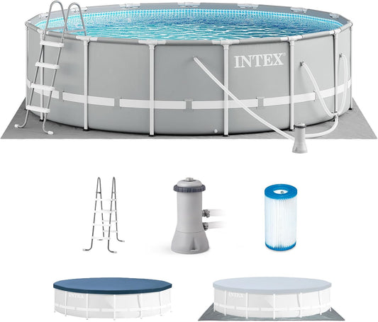 Above Ground Swimming Pool w/ Pump, Cover, & Ladder, 18' x 48", Prism Frame, Gray - Outdoor Round Family Pool w/ Filter, 42-Inch Deep Water