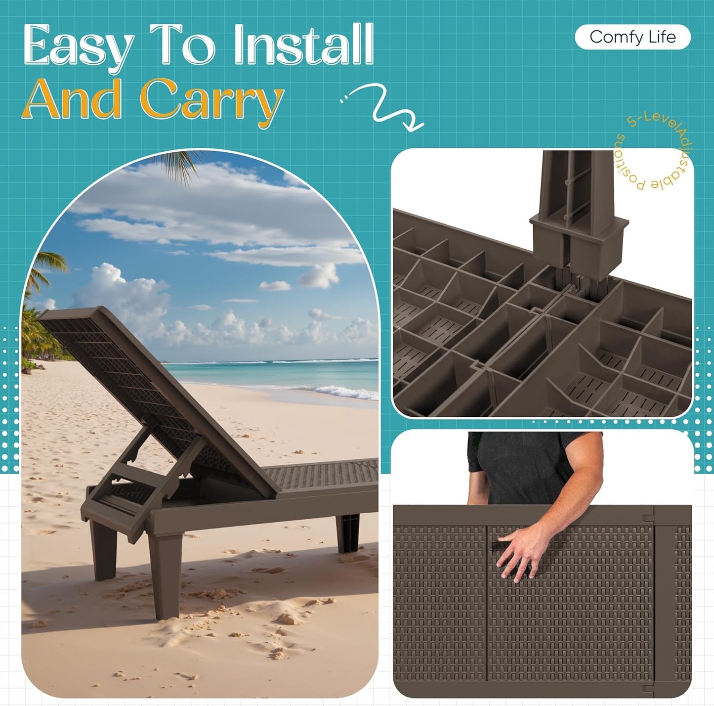 Outdoor Chaise Lounge Chair Set of 2 for Patio Poolside, Waterproof & Adjustable & Easy Assembly Sun Lounger for Outside Deck, Pool, Beach, Black