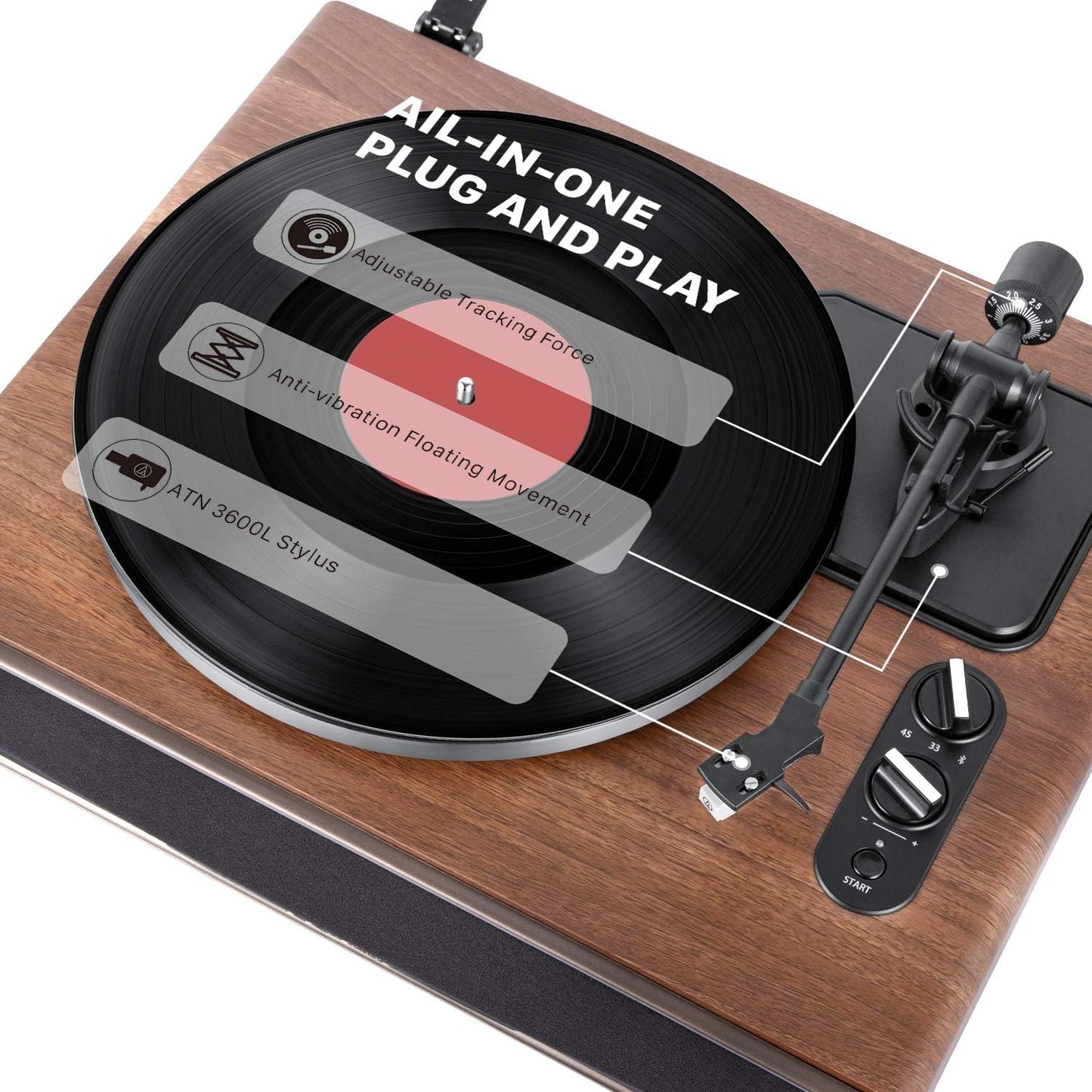 High Fidelity Belt Drive Turntable with Built-in Speakers, Vinyl Record Player with Magnetic Cartridge, Bluetooth Playback and Aux-in Functionality, Auto Off