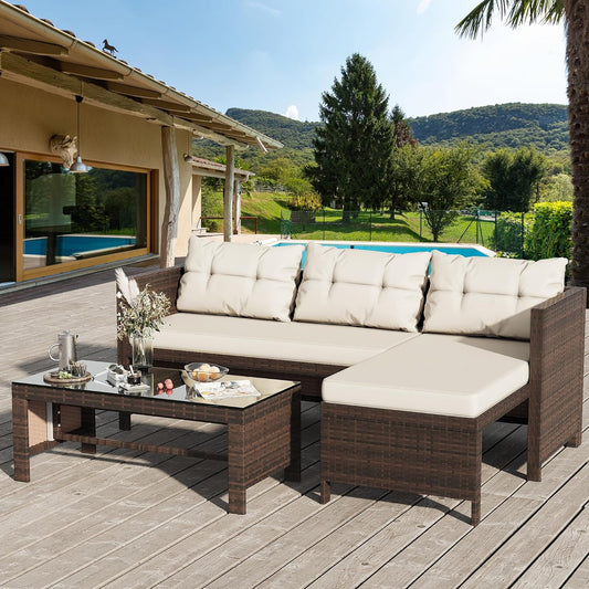 Outdoor Patio Furniture Sets, Wicker Patio sectional Sets 3-Piece, All Weather Wicker Rattan Patio Seating Sofas with Glass Coffee Table and Cushion (Beige)