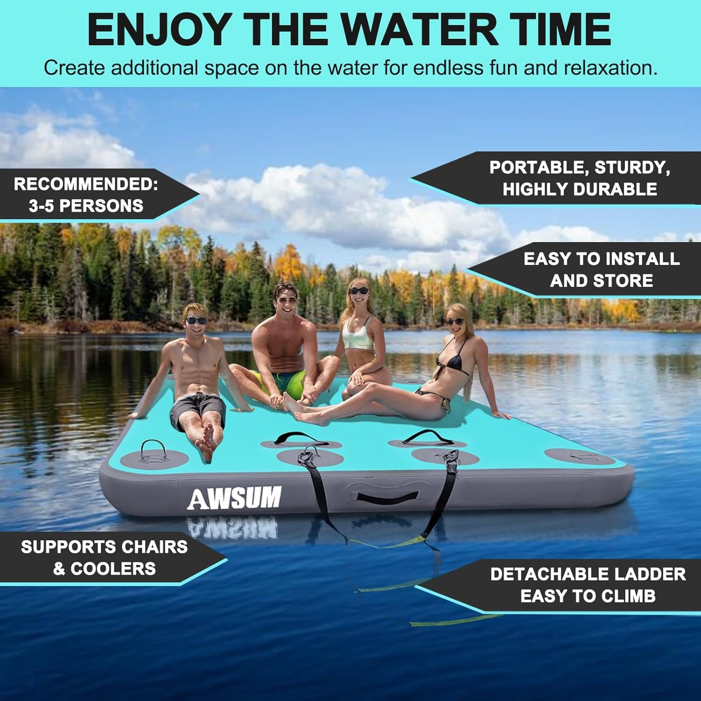 Inflatable Floating Dock Air Dock Platform Floating Island Raft with None-Slip Surface for Pool Beach Ocean