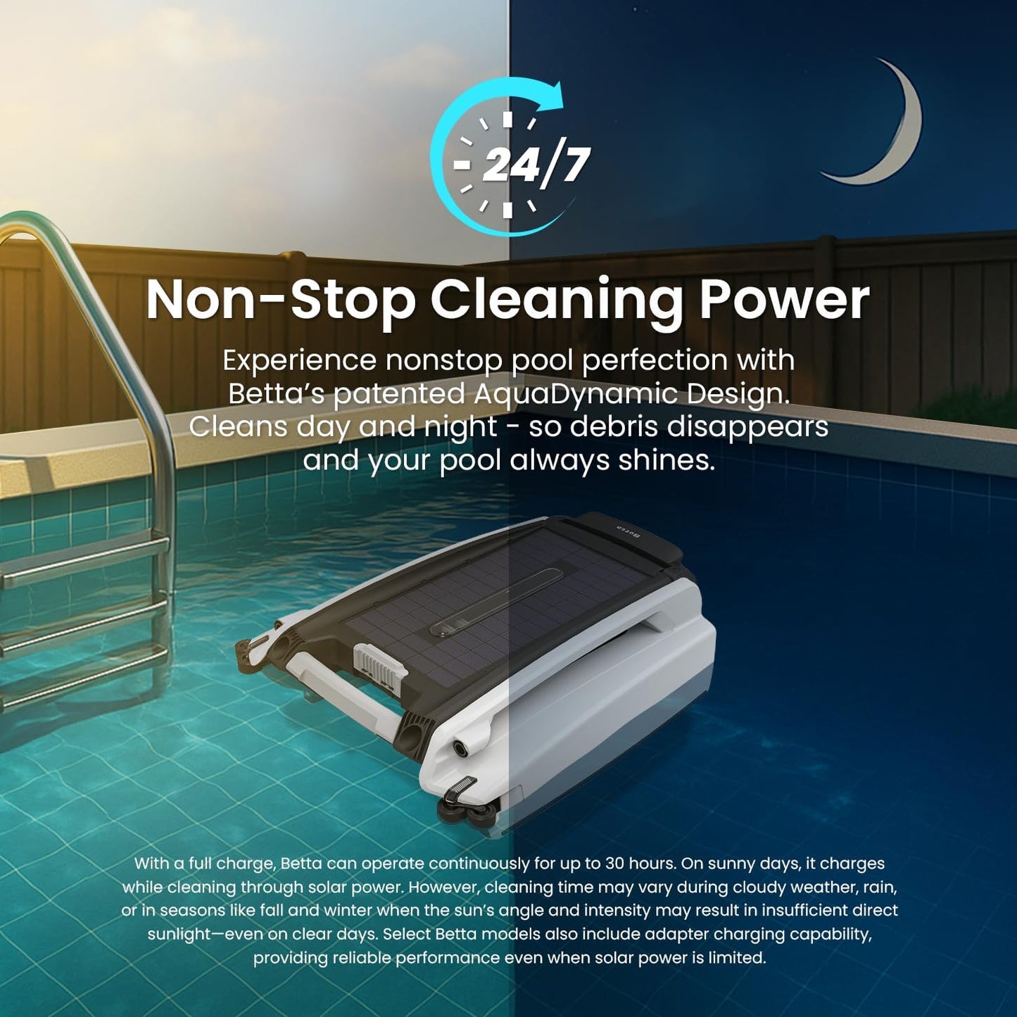 Solar Powered Automatic Robotic Pool Surface Skimmer Cleaner with 24/7 Continuous Cleaning Battery Power and Re-Engineered Twin Salt Chlorine Tolerant Motors (Blue)