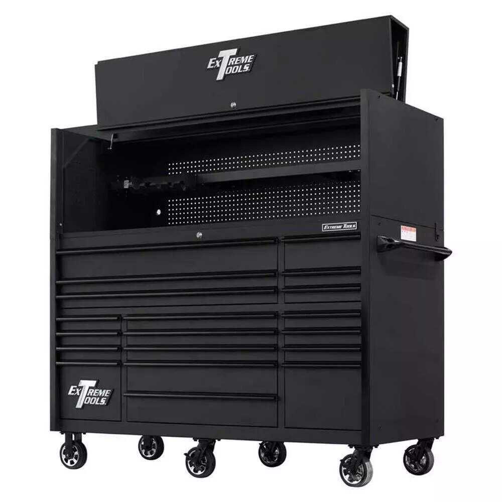 EXTREME TOOLS 72" RX SERIES 19-DRAWER 25" DEEP ROLLER CABINET W/HUTCH, 150 LB SLIDES - MATTE BLACK W/BLACK HANDLES