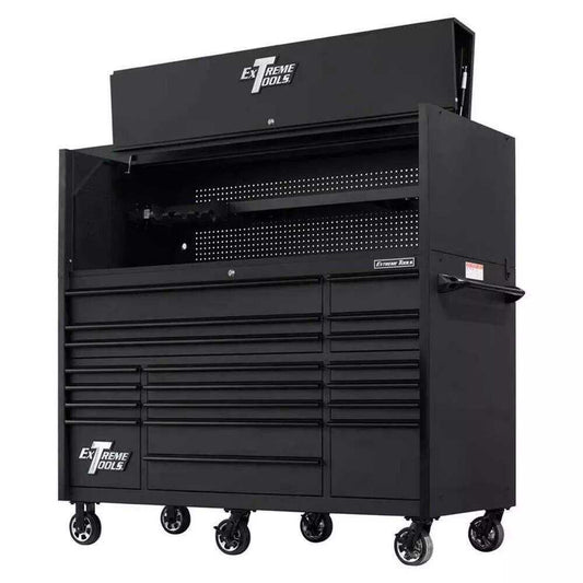 EXTREME TOOLS 72" RX SERIES 19-DRAWER 25" DEEP ROLLER CABINET W/HUTCH, 150 LB SLIDES - MATTE BLACK W/BLACK HANDLES